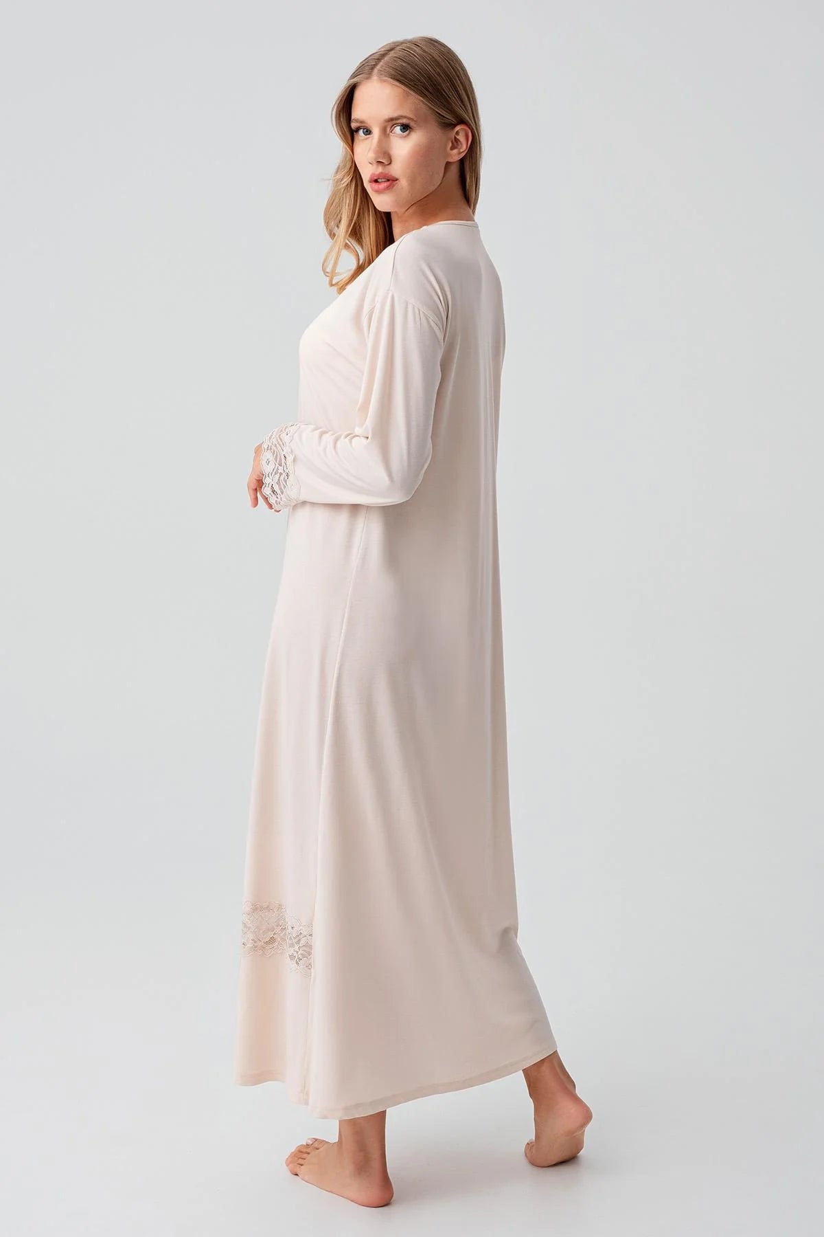 Lace Sleeve and Skirt Maternity & Nursing Nightgown Beige - 18106