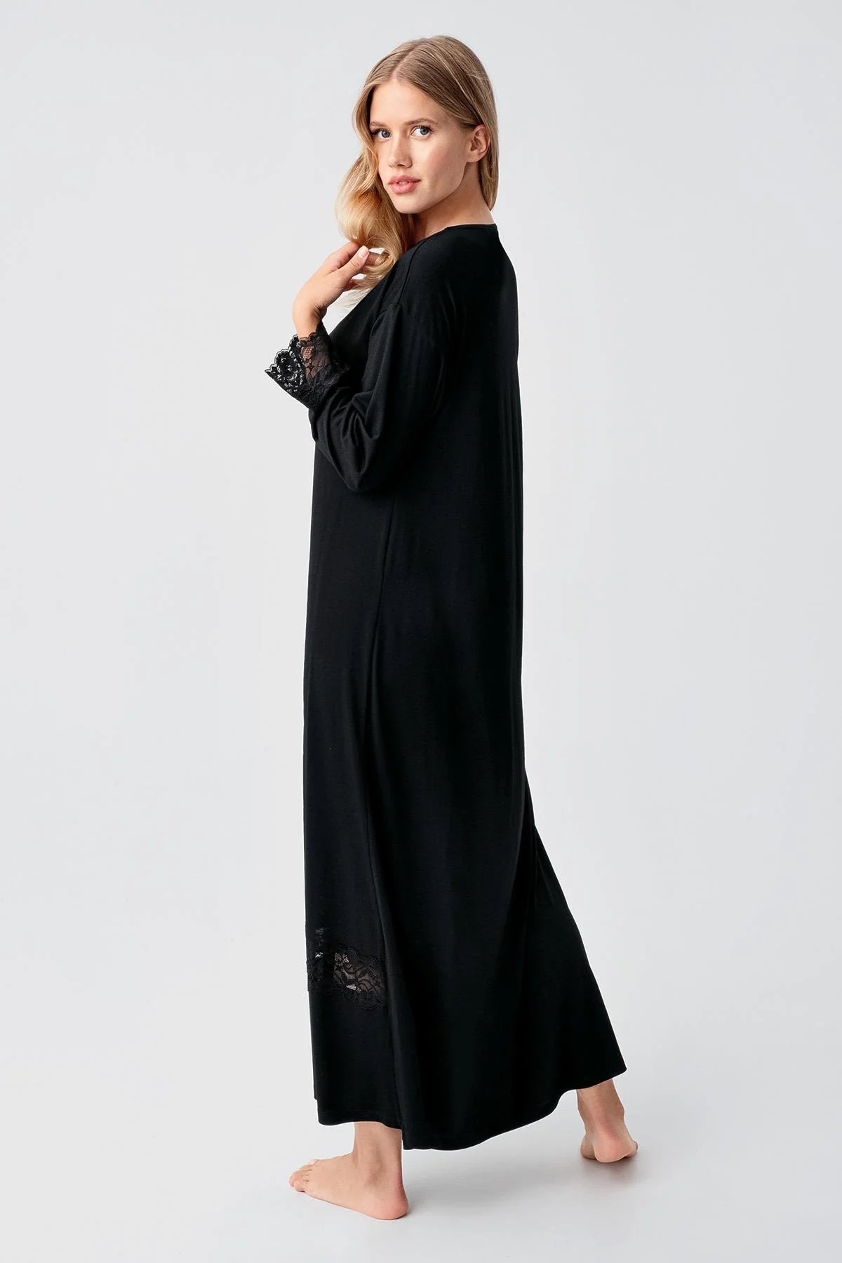 Lace Sleeve and Skirt Maternity & Nursing Nightgown Black - 18106