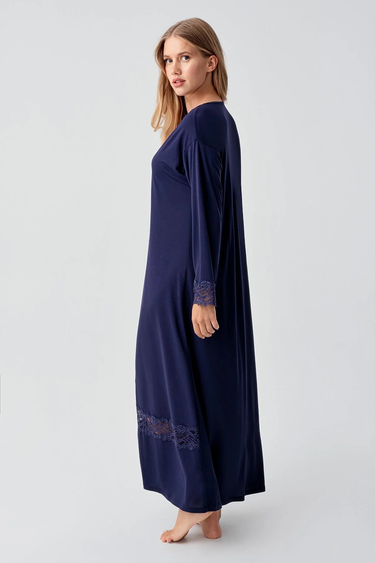 Lace Sleeve and Skirt Maternity & Nursing Nightgown Navy Blue - 18106