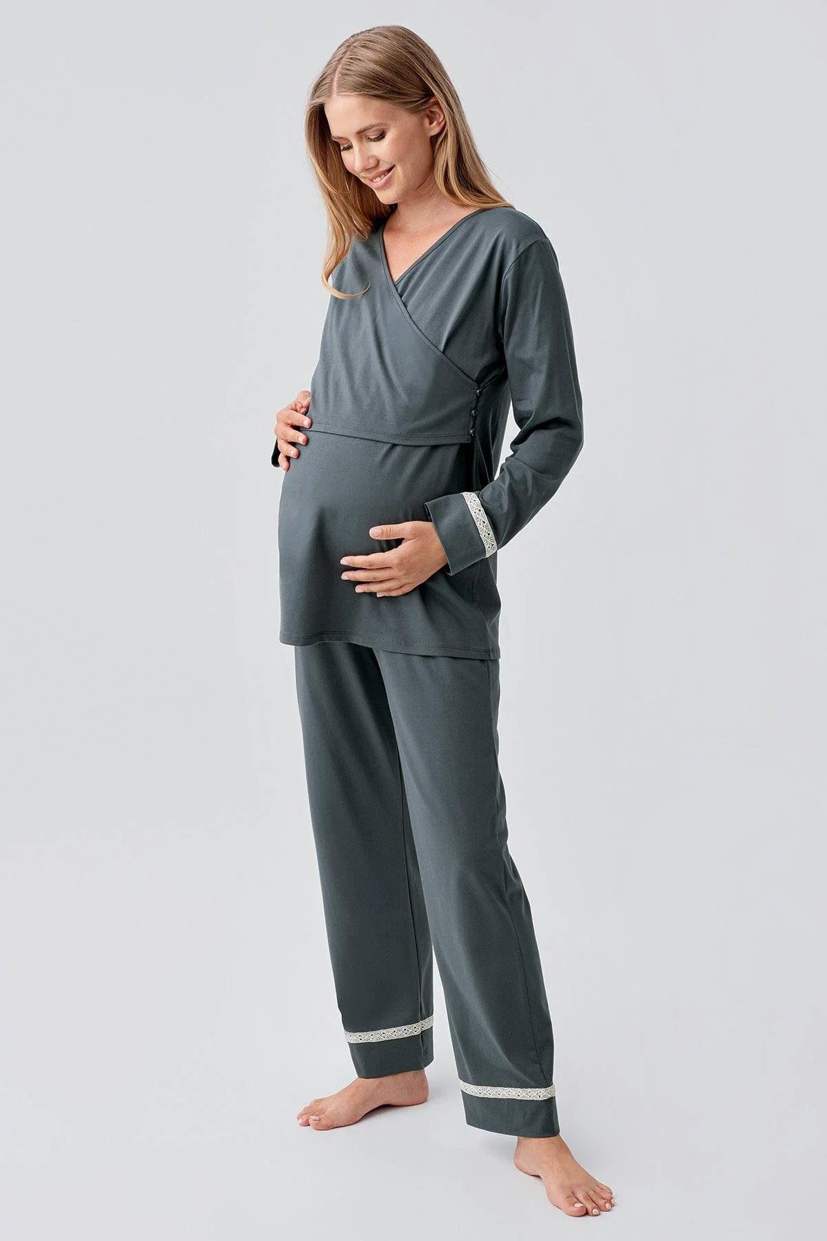 Side Tie Nursing Feature Cotton Maternity & Nursing Pajama Set Green - 18201