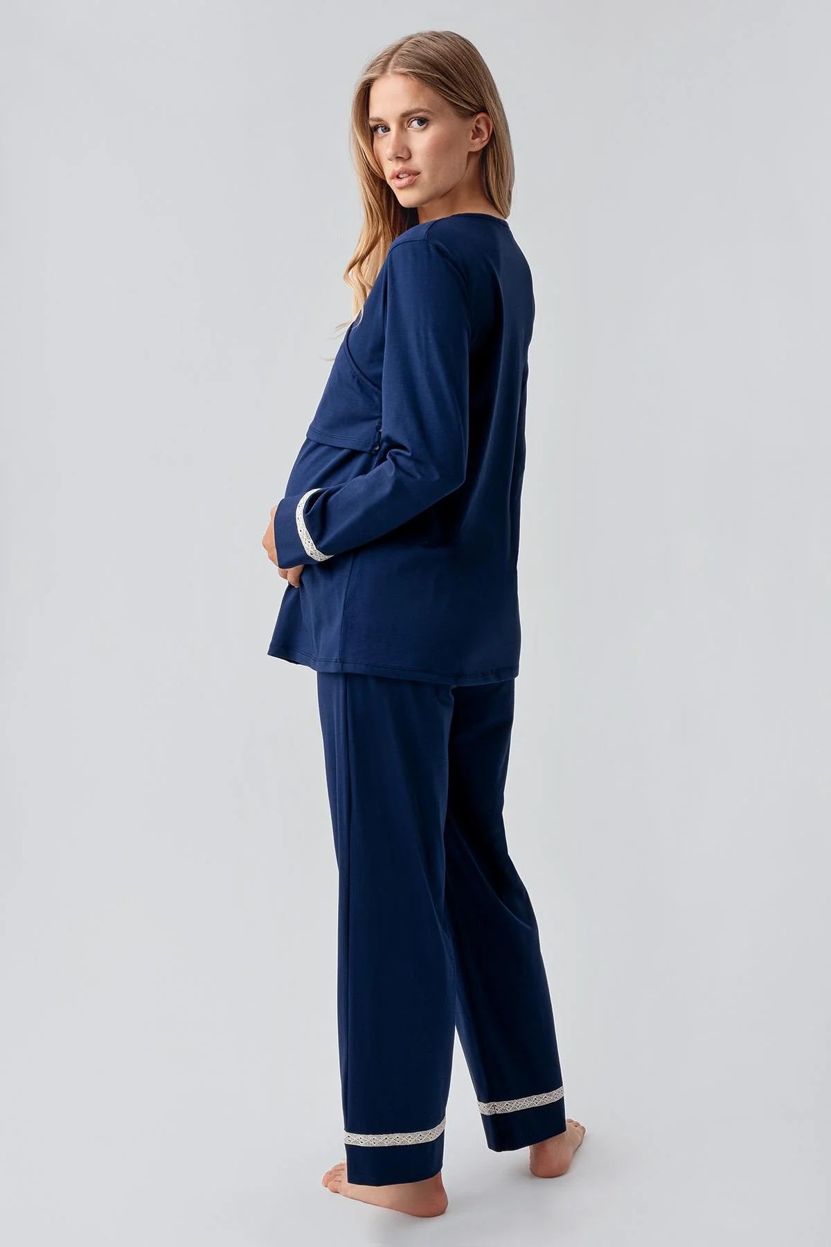 Side Tie Nursing Feature Cotton 3-Piece Maternity-Nursing Pajama & Patterned Robe Set Navy Blue - 18301