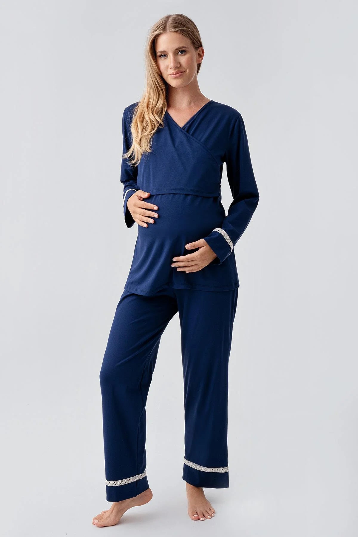 Side Tie Nursing Feature Cotton 3-Piece Maternity-Nursing Pajama & Patterned Robe Set Navy Blue - 18301