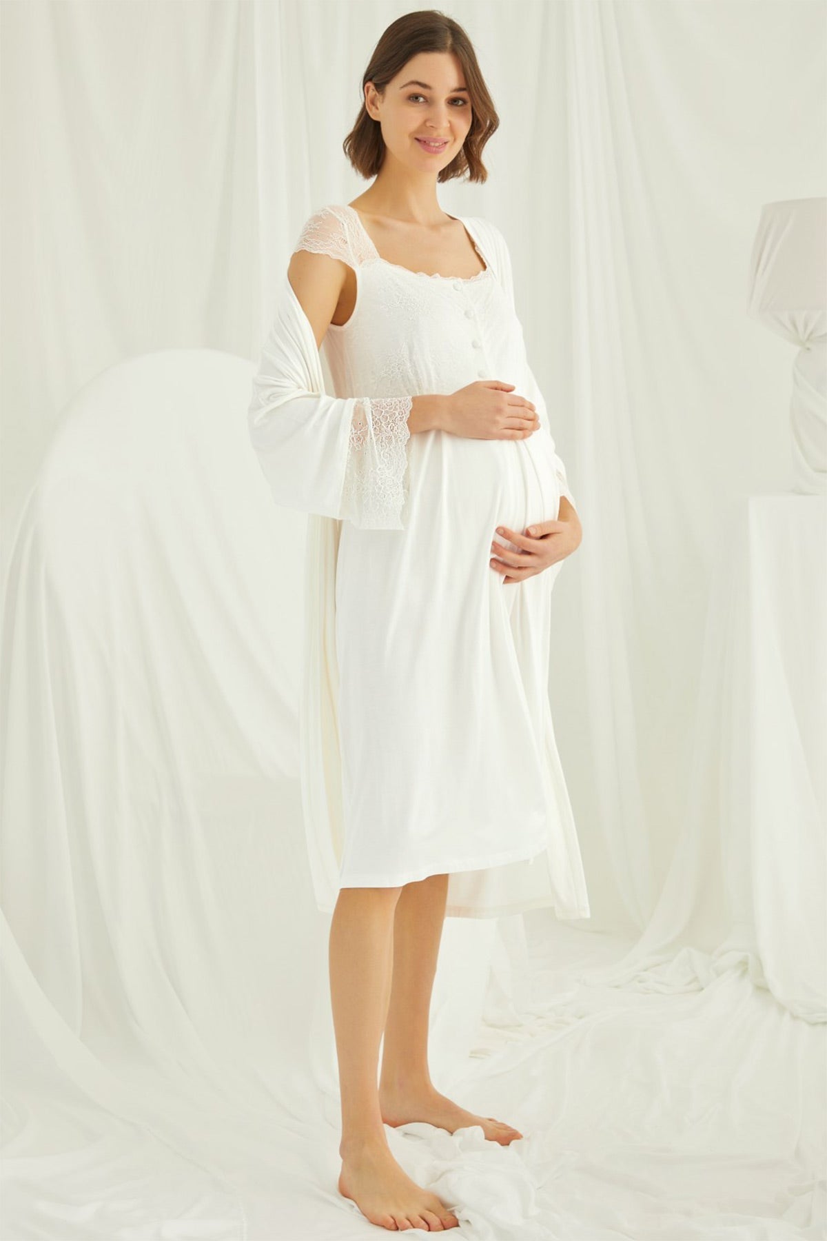 Lace Shoulder Maternity-Nursing Nightgown & Robe Set Ecru - 18202