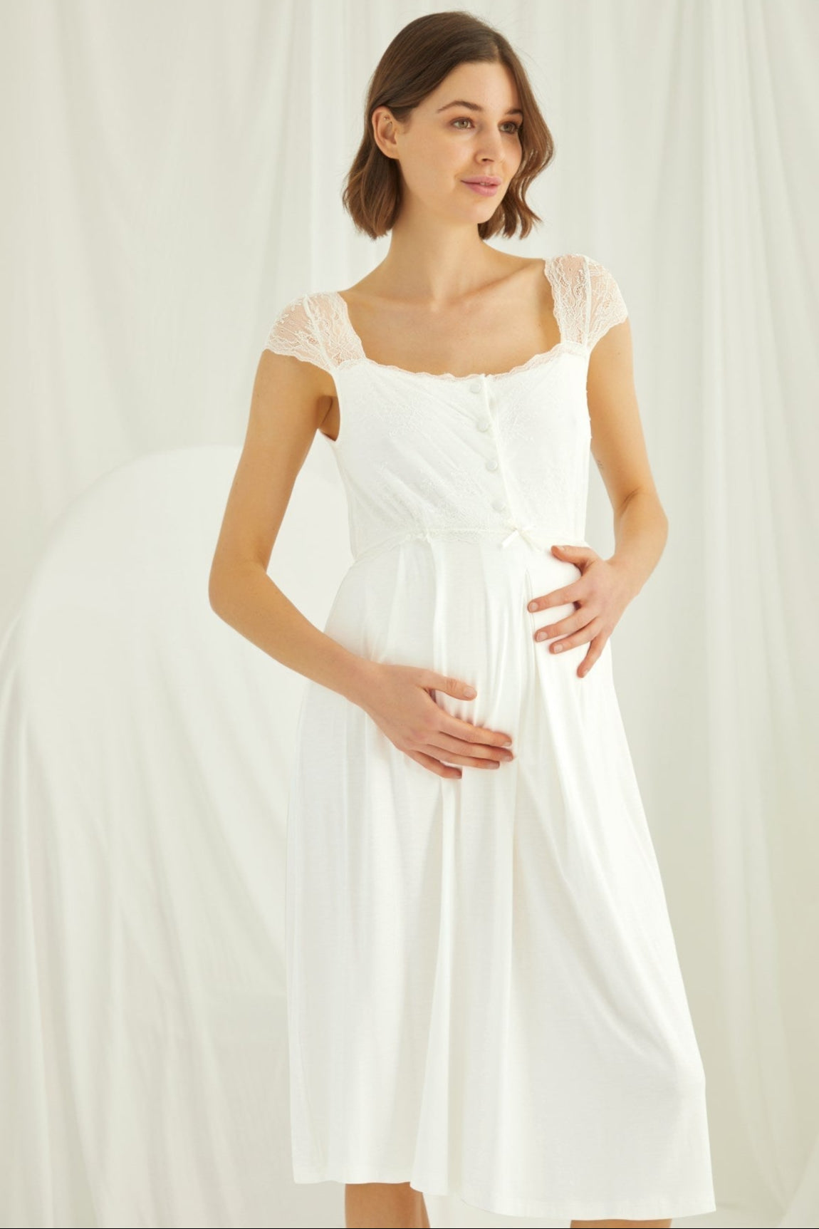 Lace Shoulder Maternity-Nursing Nightgown & Robe Set Ecru - 18202
