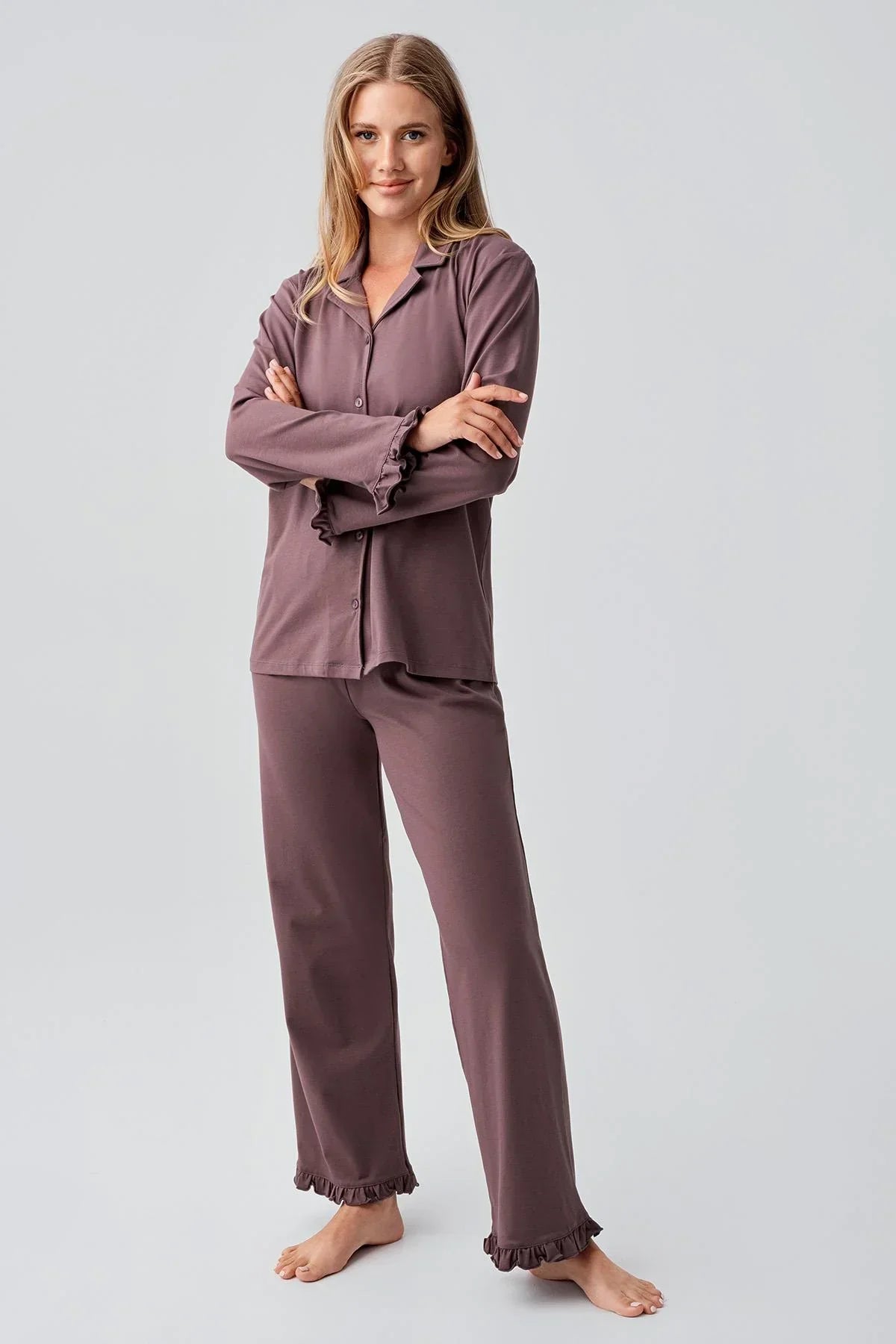 Pleated Sleeve Cotton Maternity & Nursing Pajama Set Coffee - 18203