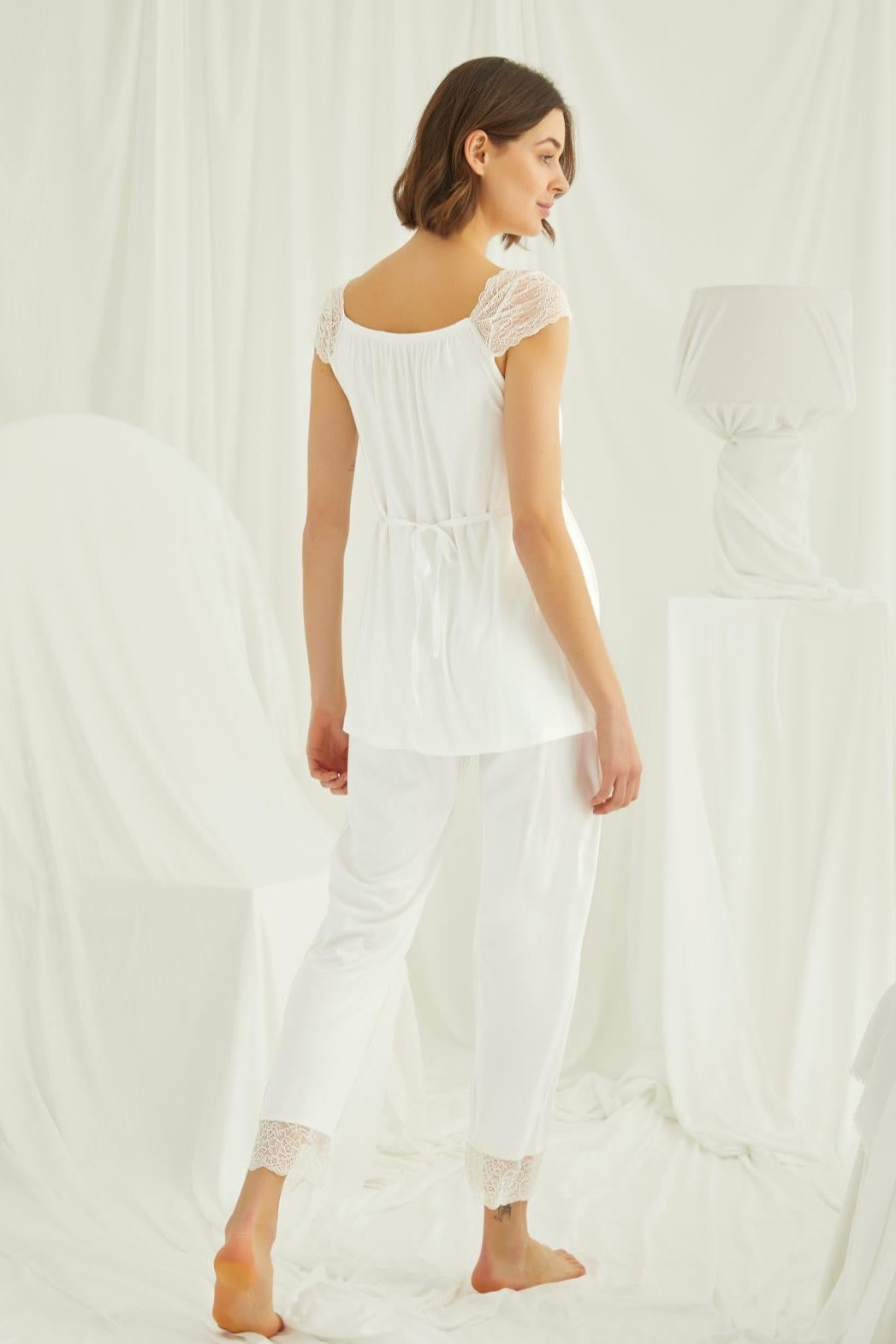 Lace Shoulder 3-Piece Maternity-Nursing Pajama & Robe Set Ecru - 18203