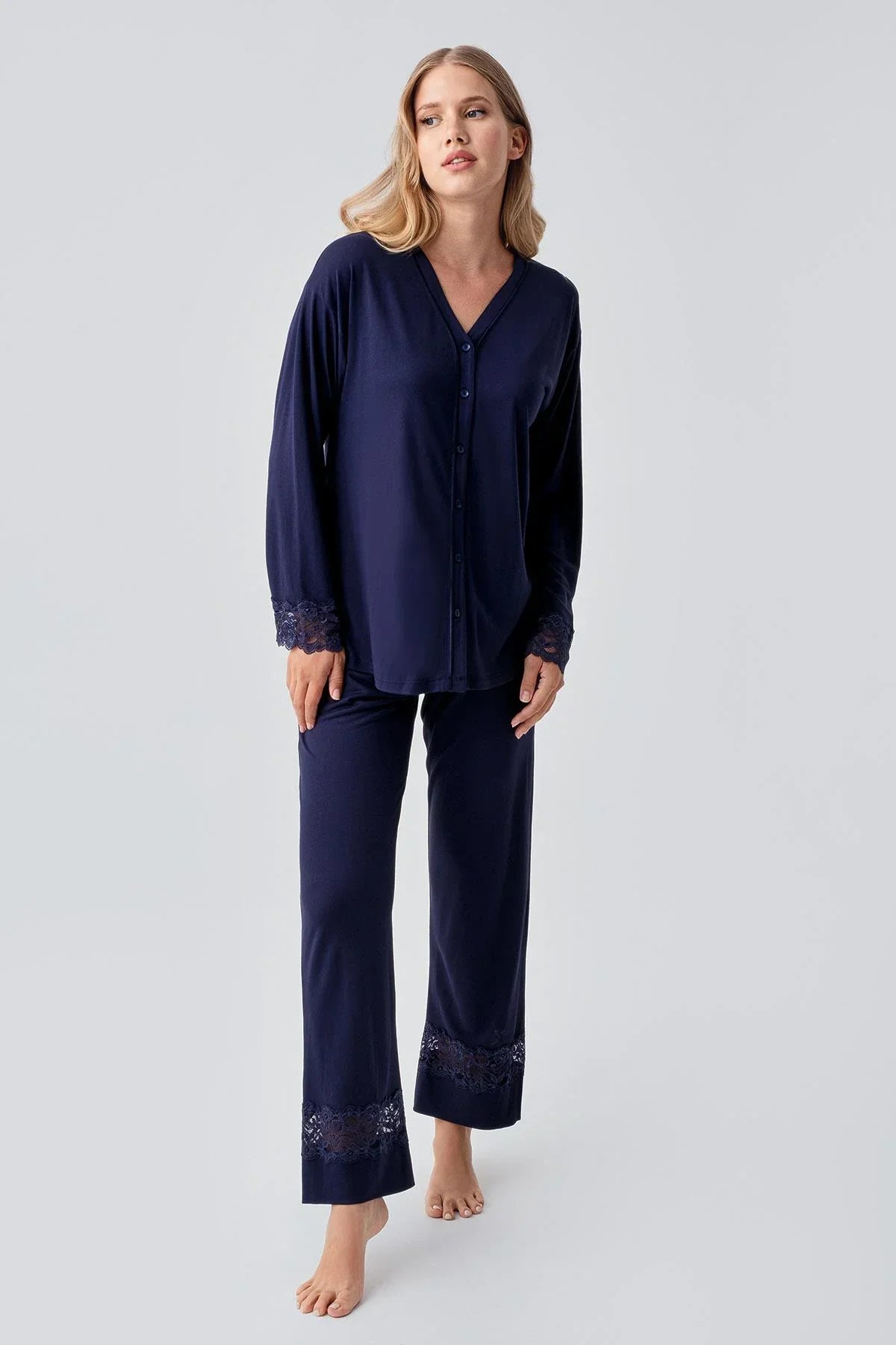 Lace Sleeve Maternity & Nursing Pajama Set Navy Blue - 18206
