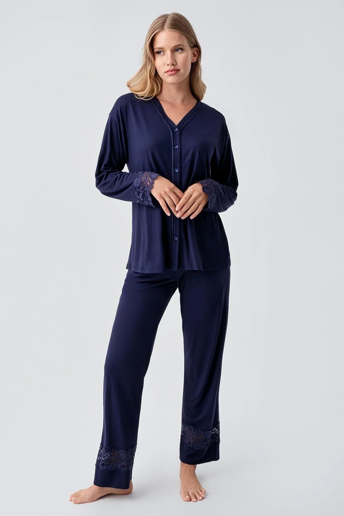 Lace Sleeve Maternity & Nursing Pajama Set Navy Blue - 18206