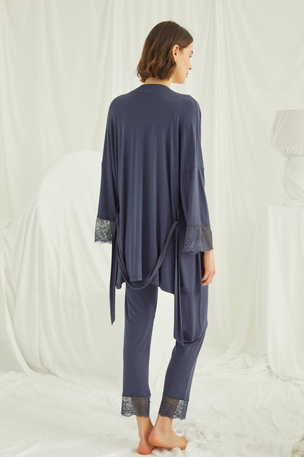 Lace Shoulder 3-Piece Maternity-Nursing Pajama & Robe Set Navy Blue - 18211