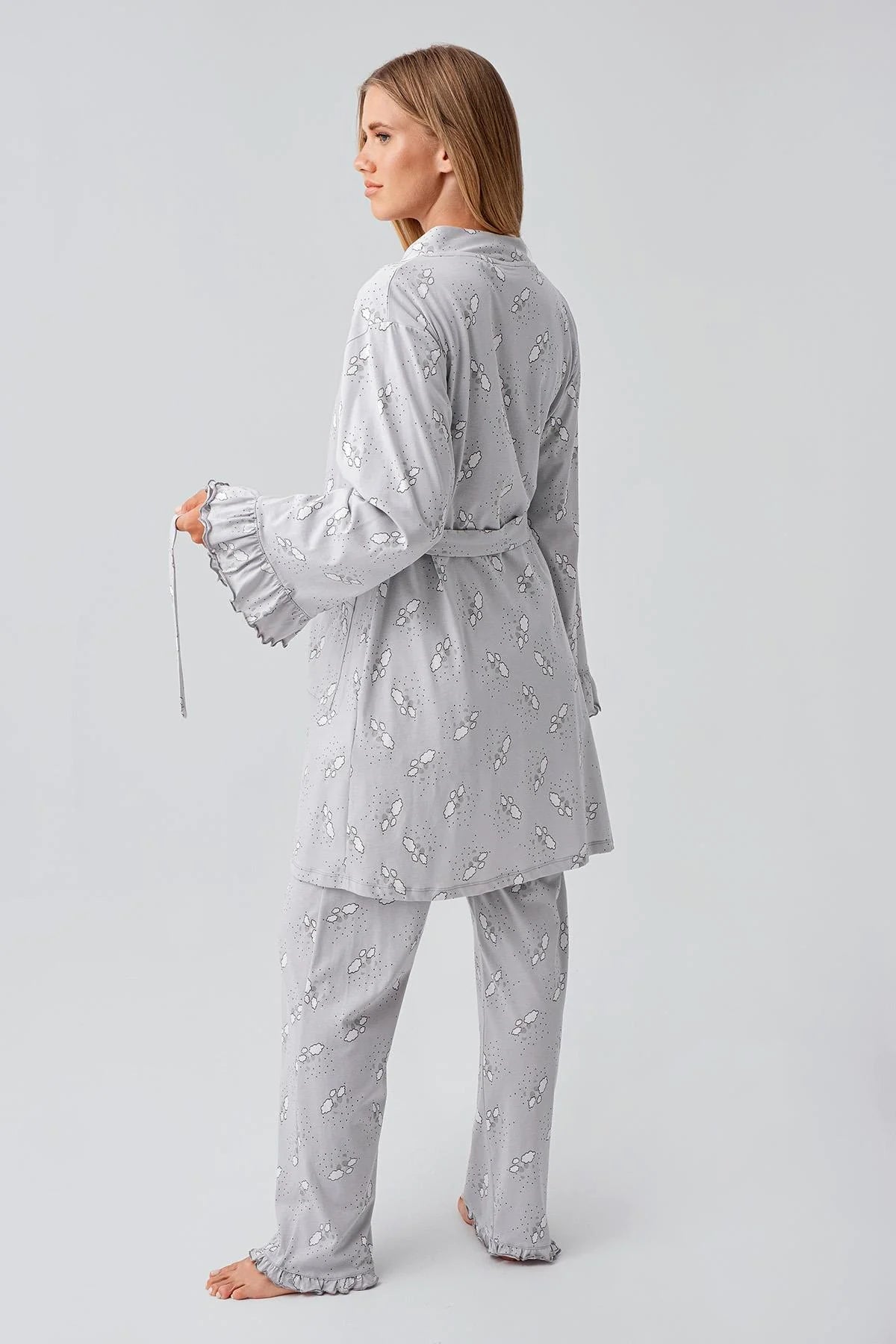 Patterned Pleated Cotton 3-Piece Maternity-Nursing Pajama & Robe Set Grey - 18300