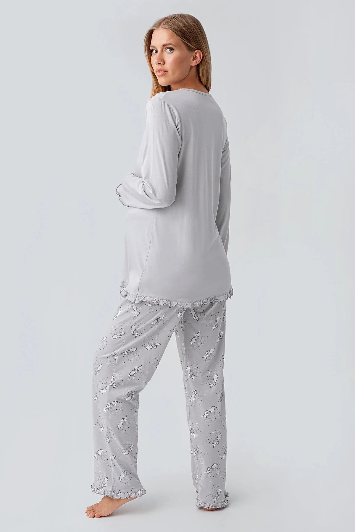 Patterned Pleated Cotton 3-Piece Maternity-Nursing Pajama & Robe Set Grey - 18300