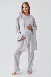 Patterned Pleated Cotton 3-Piece Maternity-Nursing Pajama & Robe Set Grey - 18300