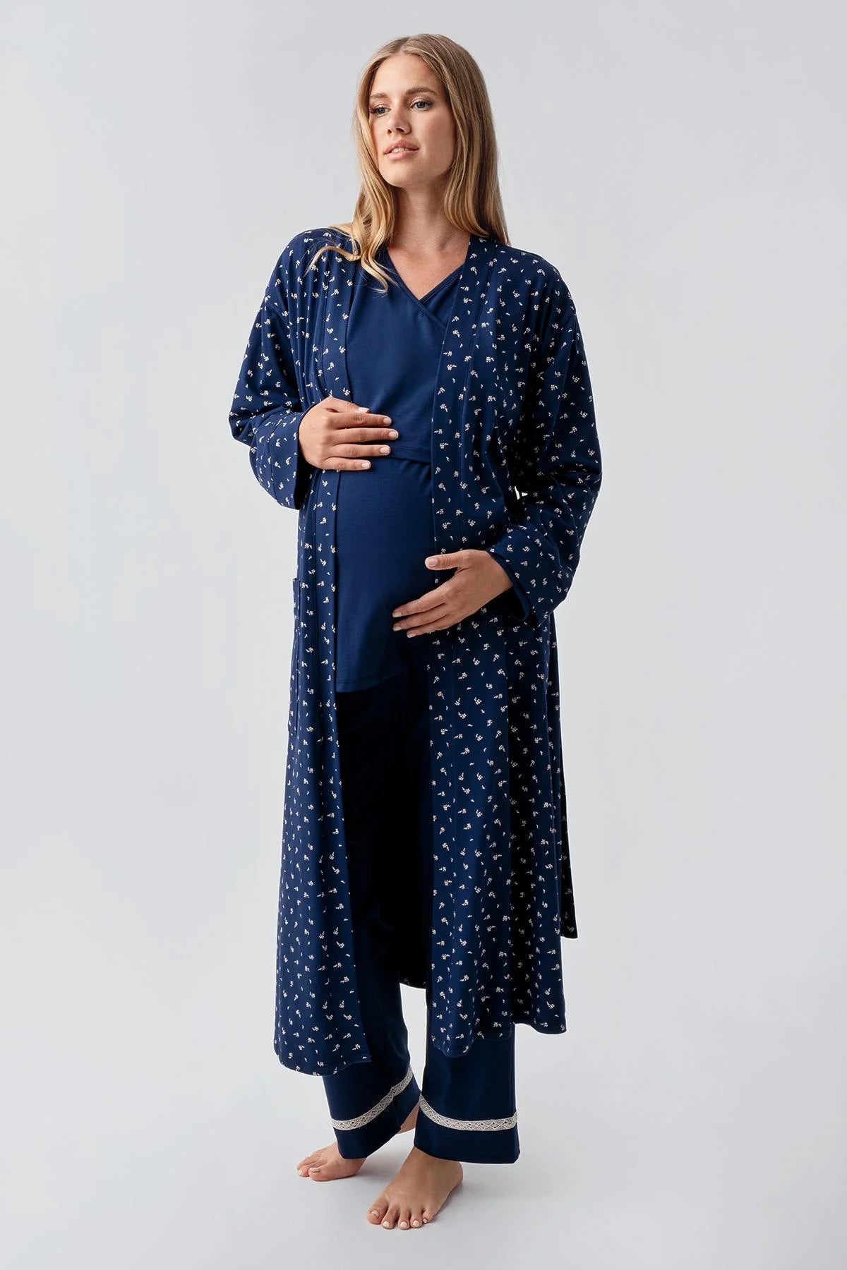 Side Tie Nursing Feature Cotton 3-Piece Maternity-Nursing Pajama & Patterned Robe Set Navy Blue - 18301