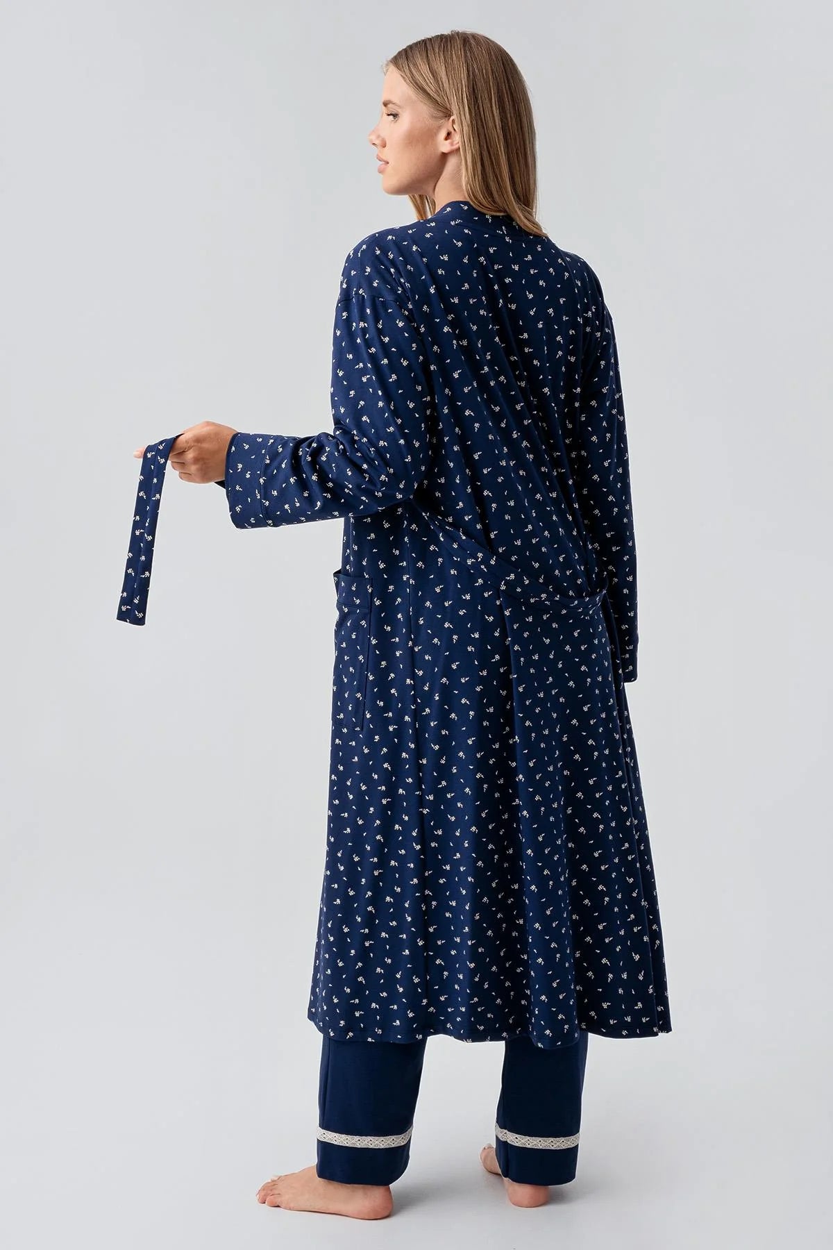 Side Tie Nursing Feature Cotton 3-Piece Maternity-Nursing Pajama & Patterned Robe Set Navy Blue - 18301