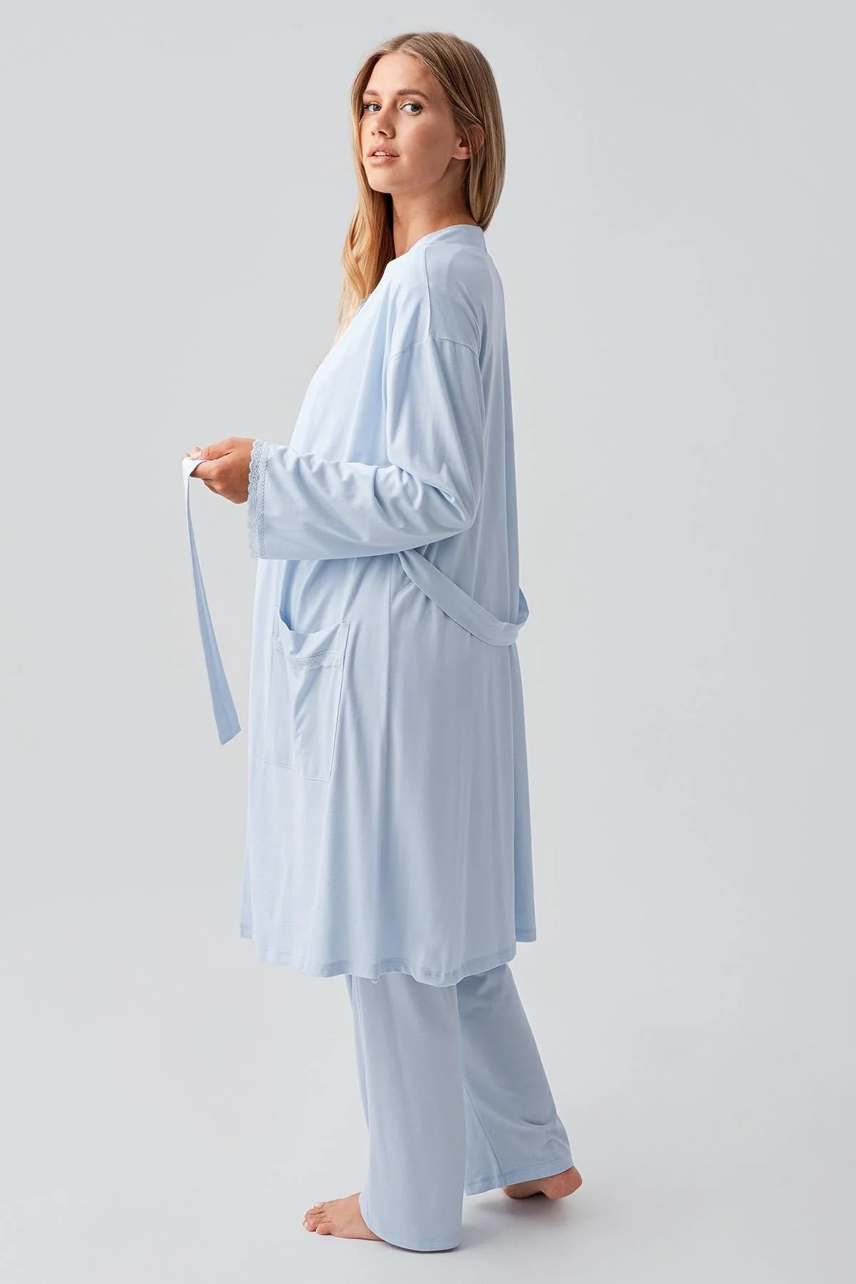 Lace Sleeve and Collar 3-Piece Maternity-Nursing Pajama & Robe Set Blue - 18302
