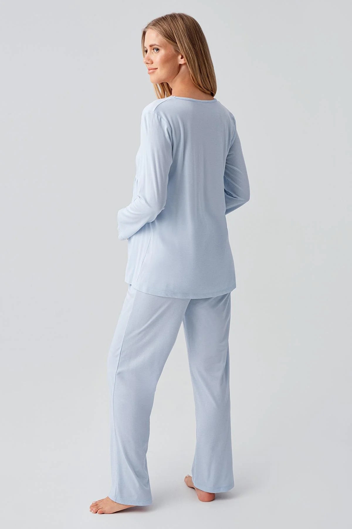 Lace Sleeve and Collar 3-Piece Maternity-Nursing Pajama & Robe Set Blue - 18302