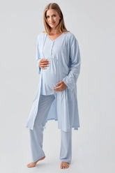 Lace Sleeve and Collar 3-Piece Maternity-Nursing Pajama & Robe Set Blue - 18302