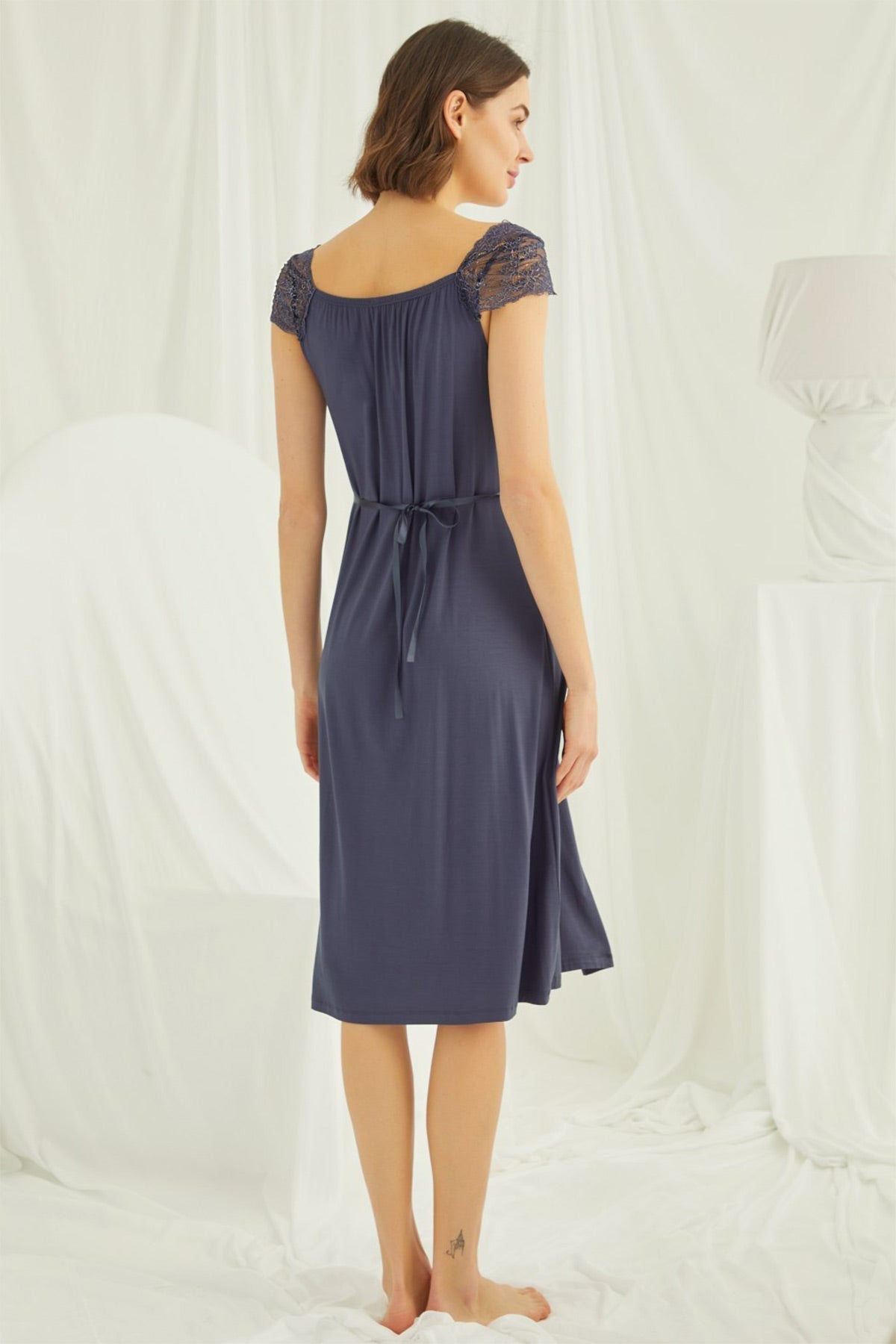 Lace Shoulder Maternity & Nursing Nightgown Navy Blue - 18302