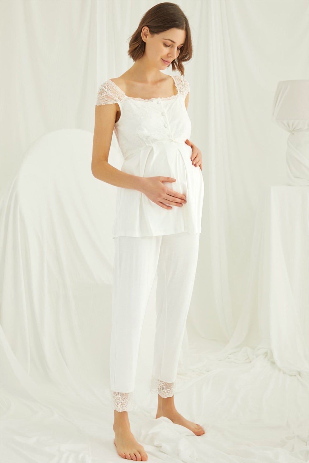 Lace Shoulder Maternity & Nursing Pajama Set Ecru - 18303