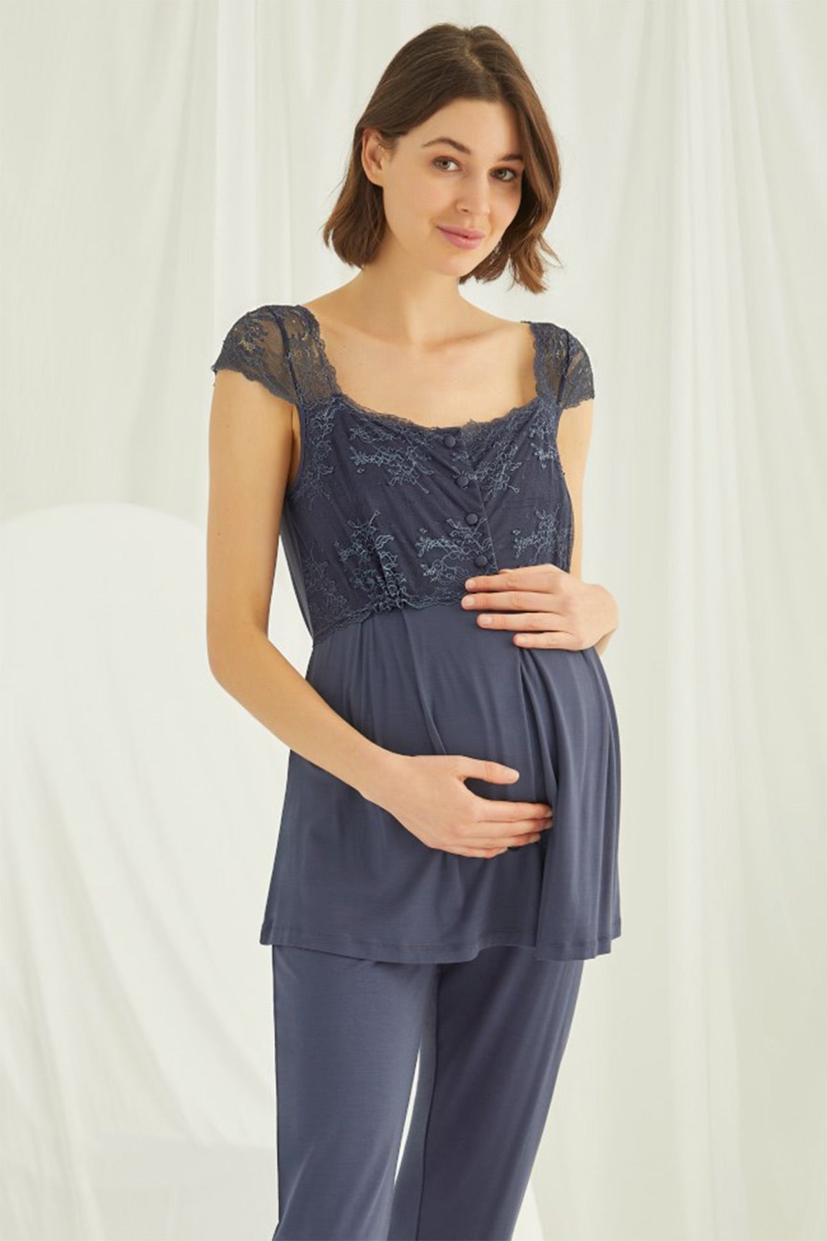 Lace Shoulder Maternity & Nursing Pajama Set Navy Blue - 18305