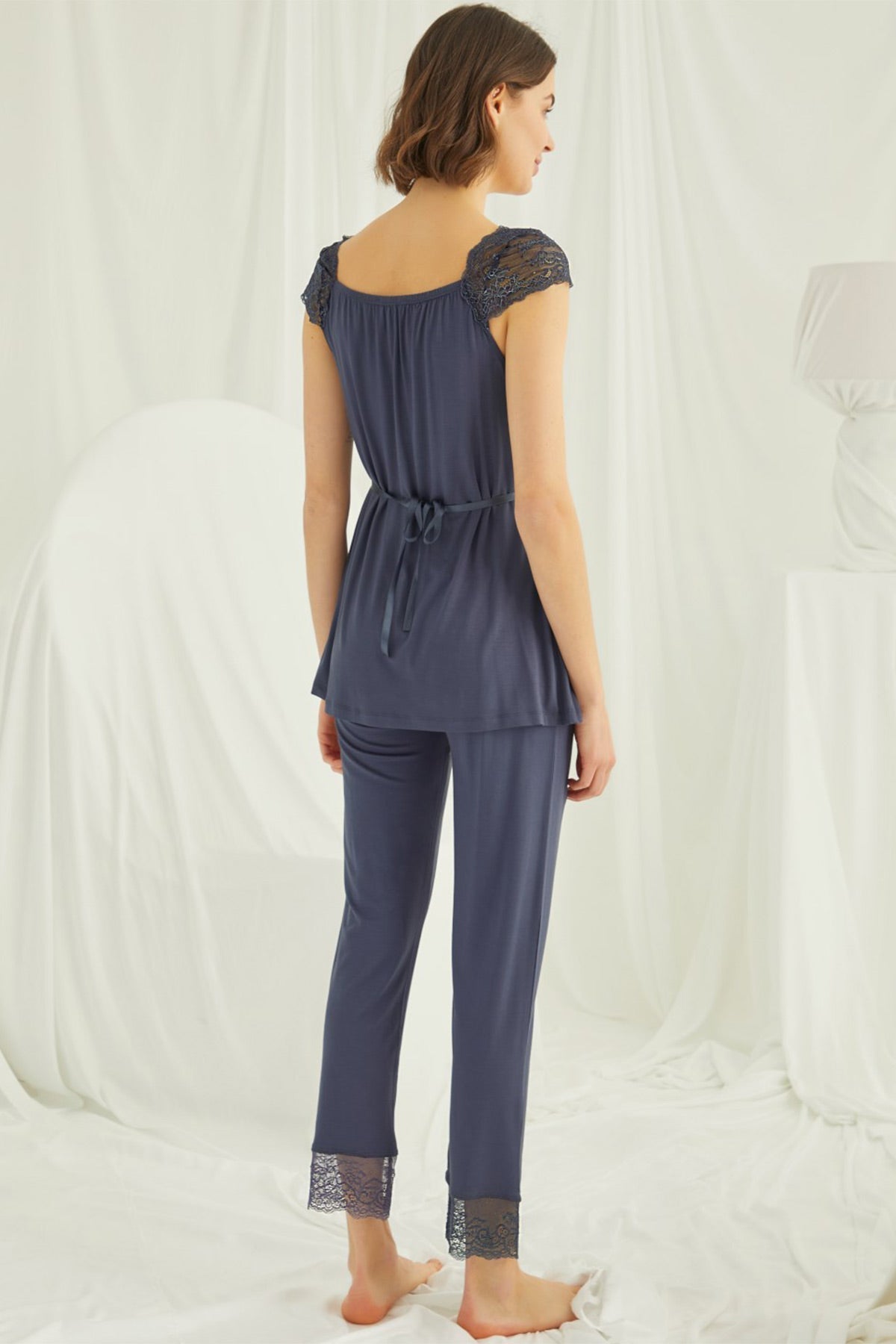 Lace Shoulder Maternity & Nursing Pajama Set Navy Blue - 18305