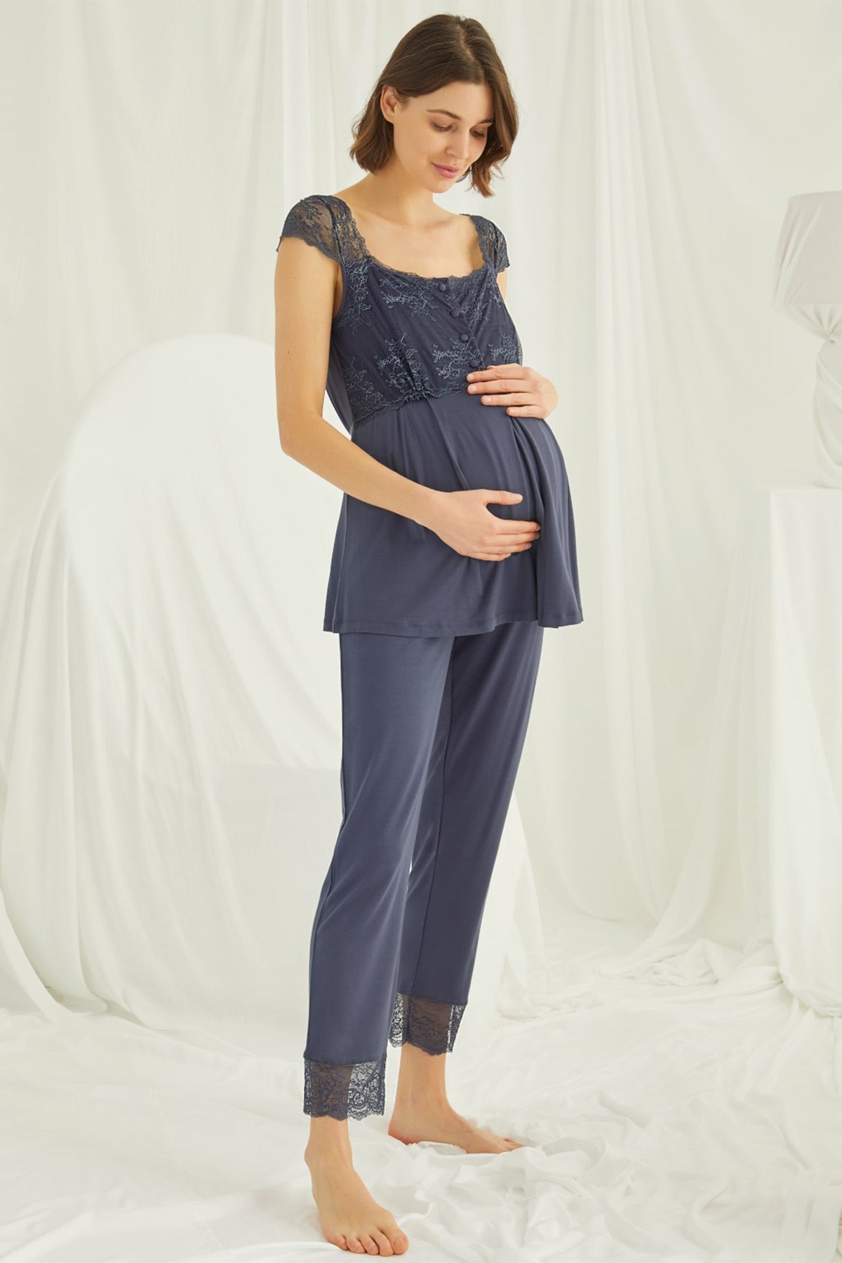 Lace Shoulder Maternity & Nursing Pajama Set Navy Blue - 18305