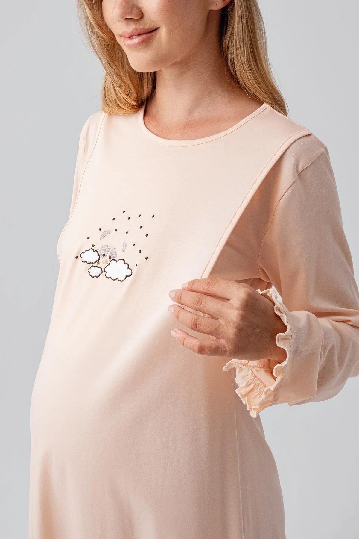 Patterned Pleated Cotton Maternity-Nursing Nightgown & Robe Set Salmon - 18400