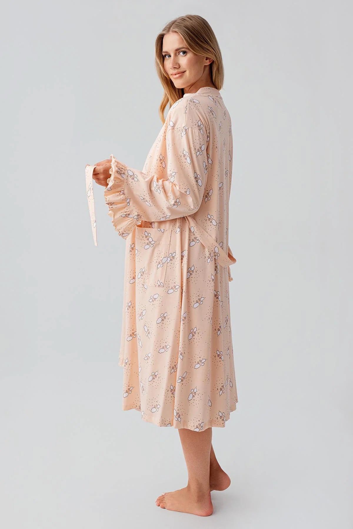 Patterned Pleated Cotton Maternity-Nursing Nightgown & Robe Set Salmon - 18400