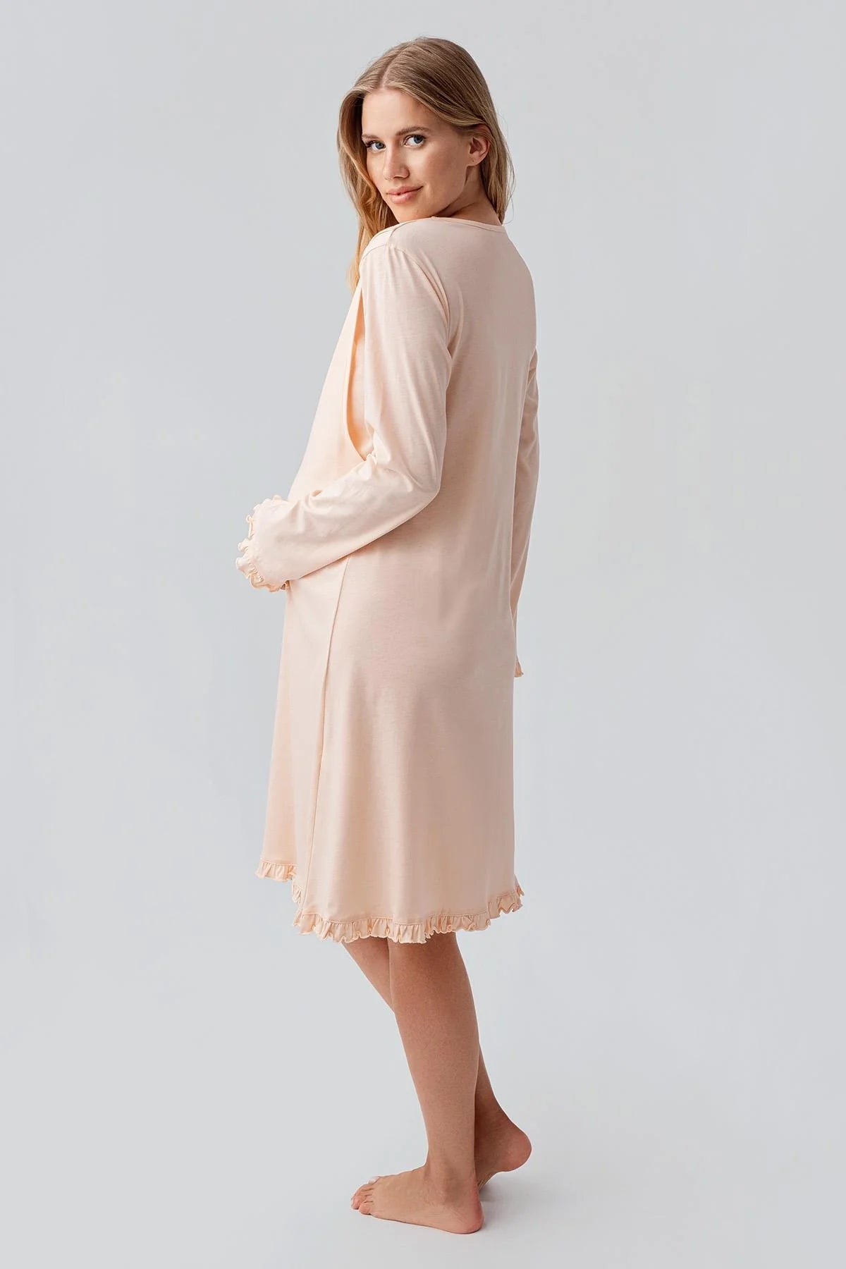 Patterned Pleated Cotton Maternity-Nursing Nightgown & Robe Set Salmon - 18400