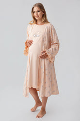 Patterned Pleated Cotton Maternity-Nursing Nightgown & Robe Set Salmon - 18400