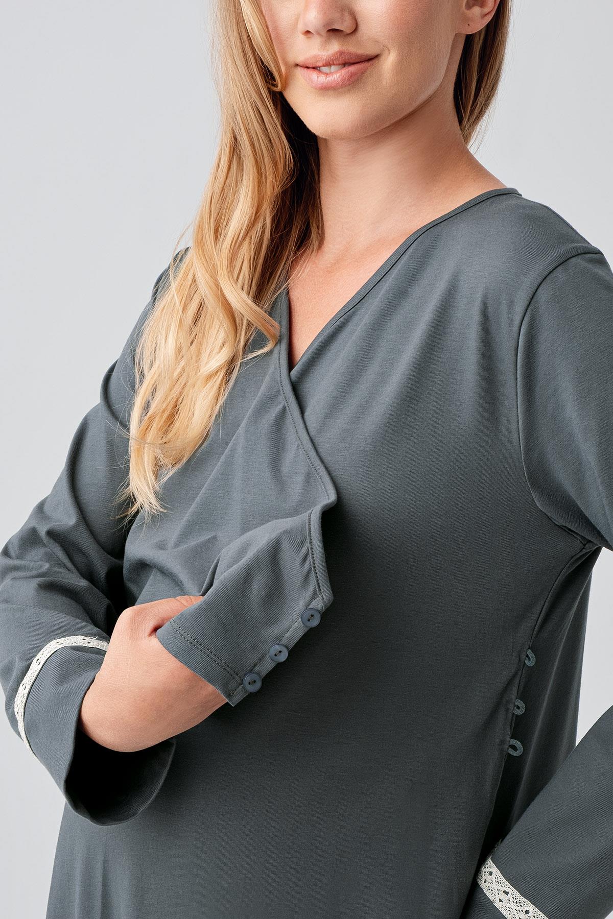 Side Tie Nursing Feature Cotton Maternity-Nursing Nightgown & Patterned Robe Set Green - 18401