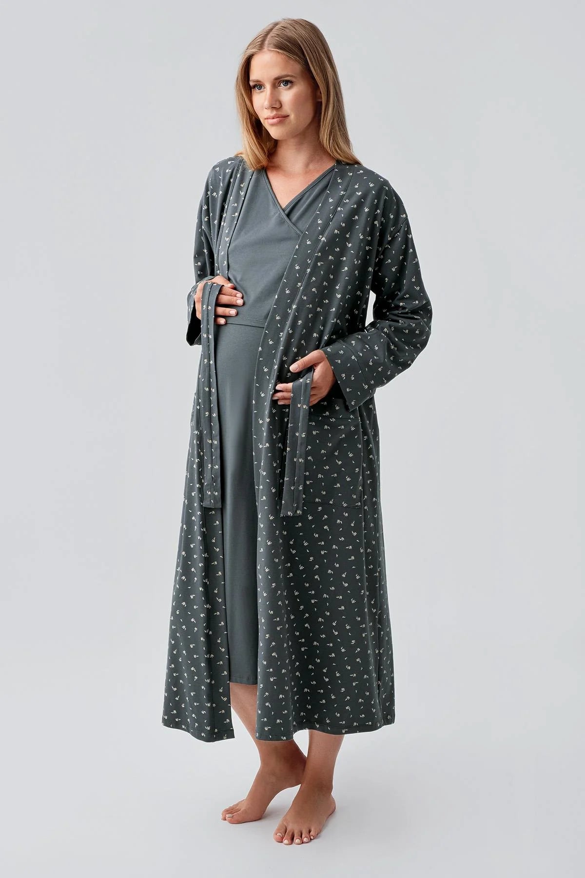 Side Tie Nursing Feature Cotton Maternity-Nursing Nightgown & Patterned Robe Set Green - 18401