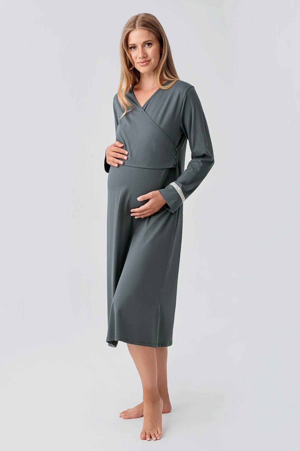 Side Tie Nursing Feature Cotton Maternity-Nursing Nightgown & Patterned Robe Set Green - 18401