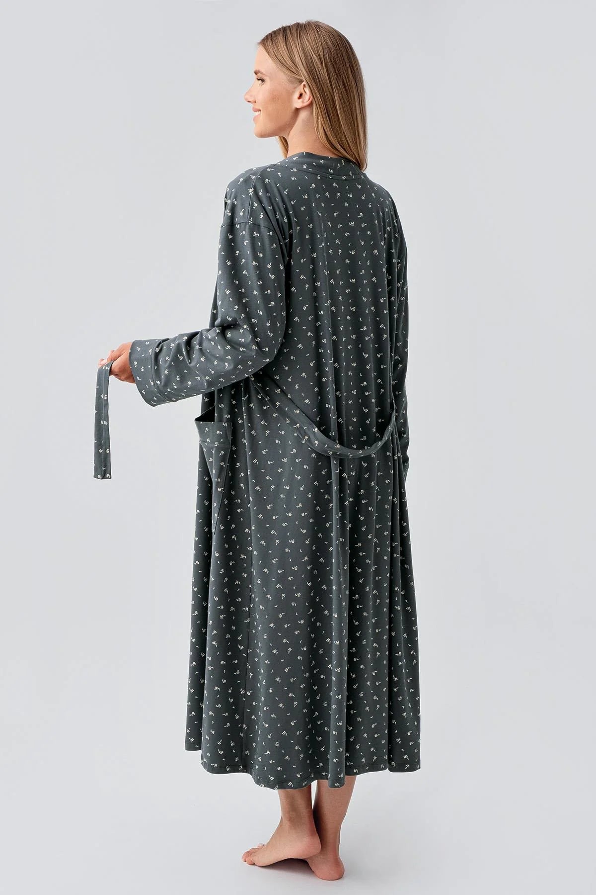Side Tie Nursing Feature Cotton Maternity-Nursing Nightgown & Patterned Robe Set Green - 18401