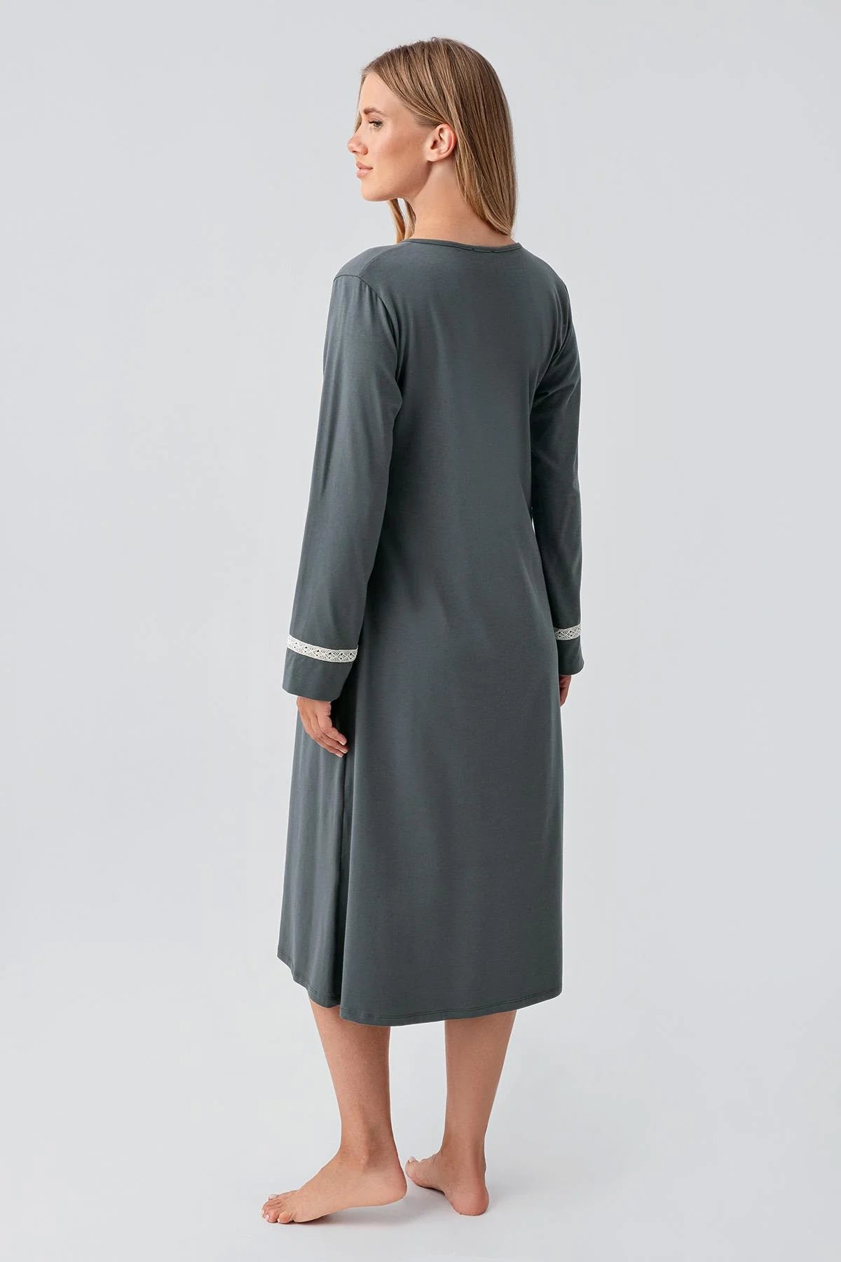 Side Tie Nursing Feature Cotton Maternity-Nursing Nightgown & Patterned Robe Set Green - 18401
