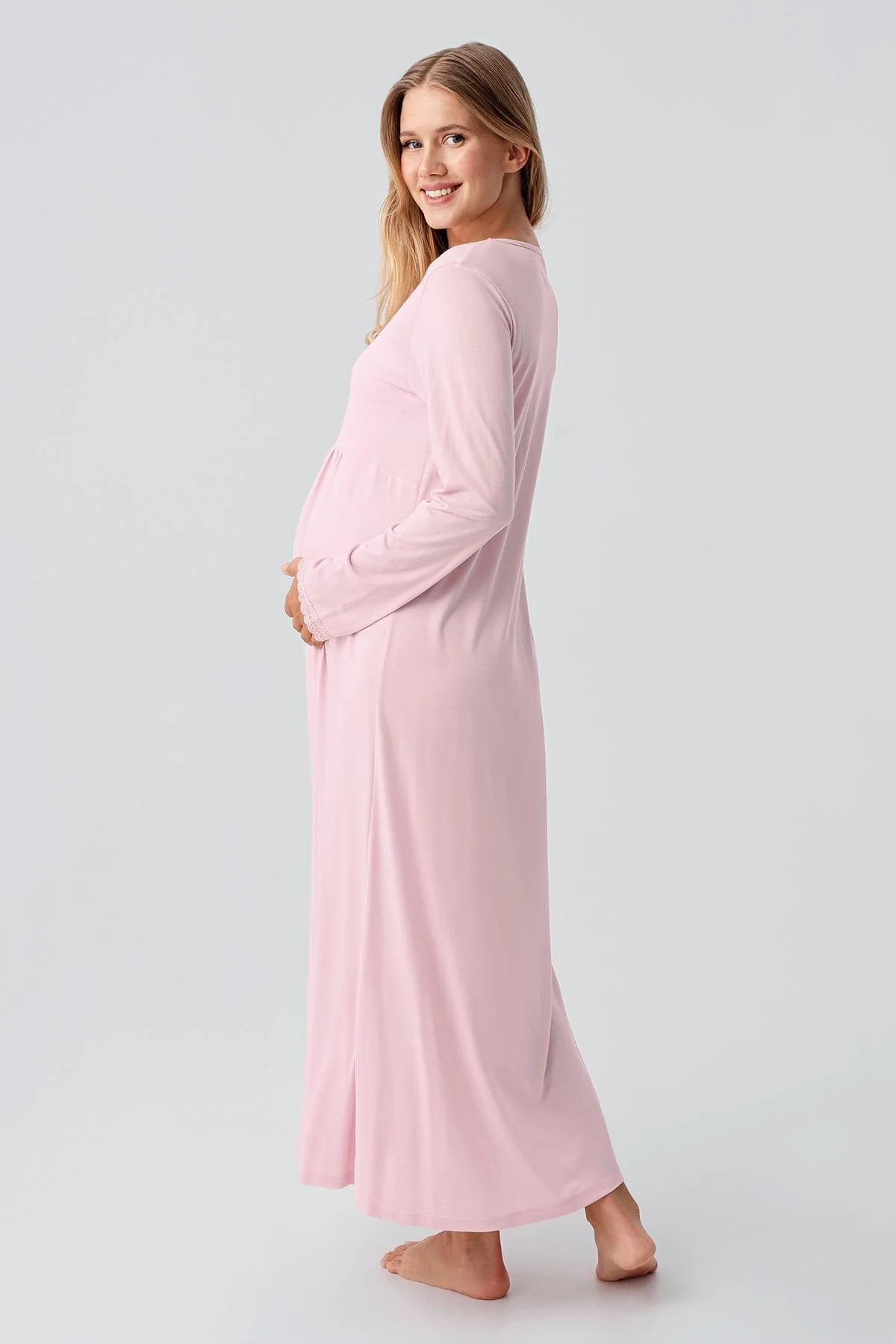 Lace Sleeve and Collar Maternity-Nursing Nightgown & Robe Set Powder - 18402