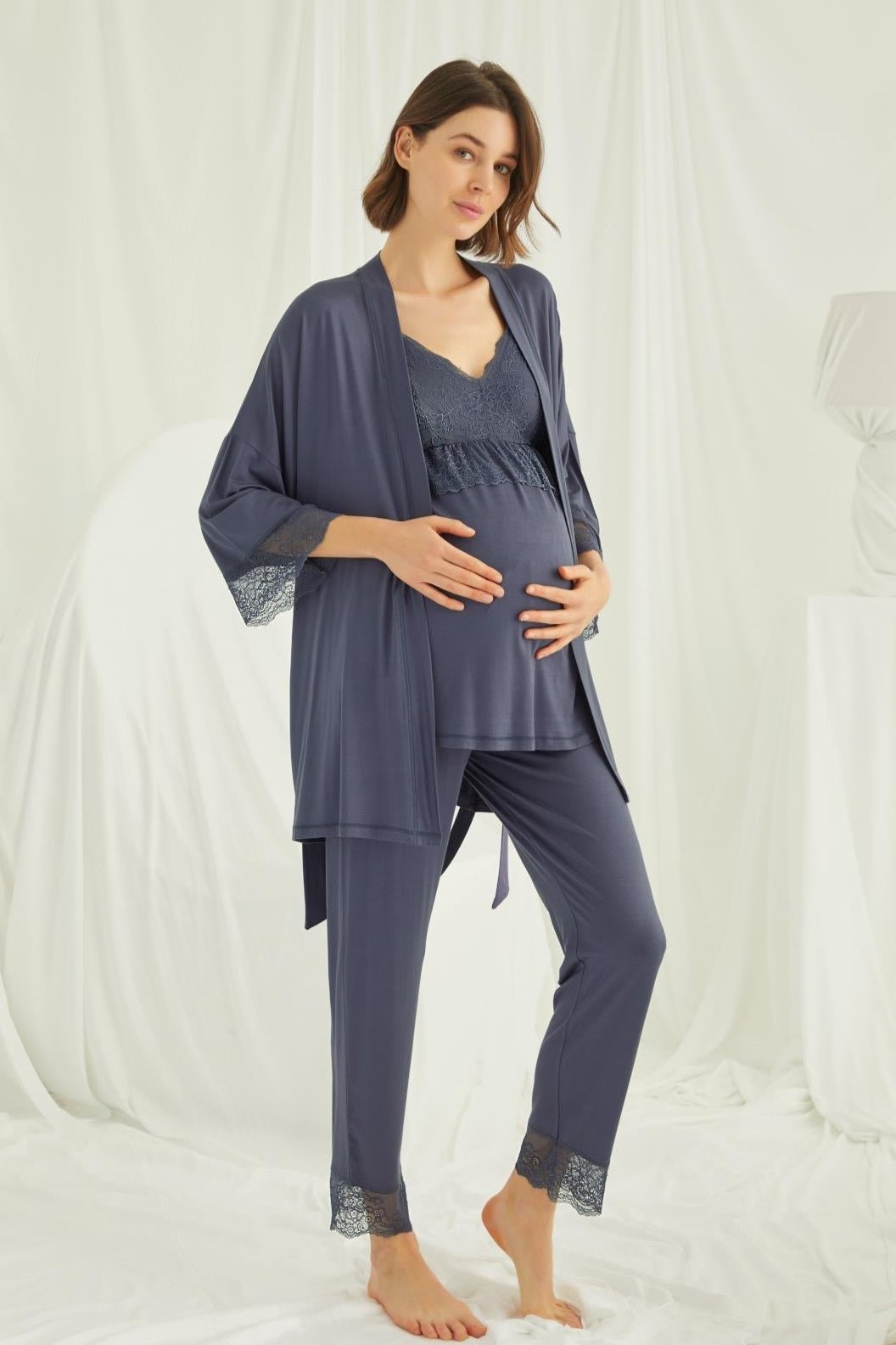 Lace Strappy 3-Piece Maternity-Nursing Pajama & Robe Set Navy Blue - 18432