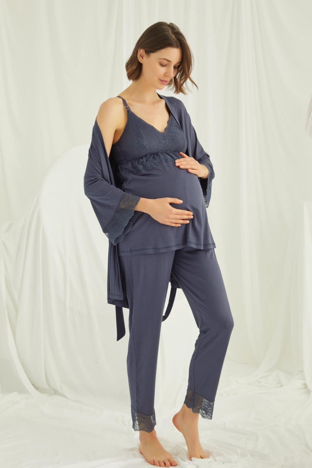 Lace Strappy 3-Piece Maternity-Nursing Pajama & Robe Set Navy Blue - 18432