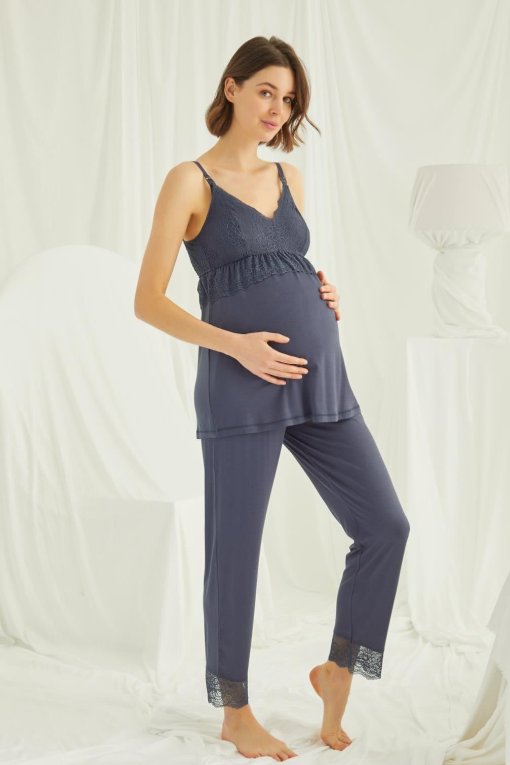 Lace Strappy 3-Piece Maternity-Nursing Pajama & Robe Set Navy Blue - 18432
