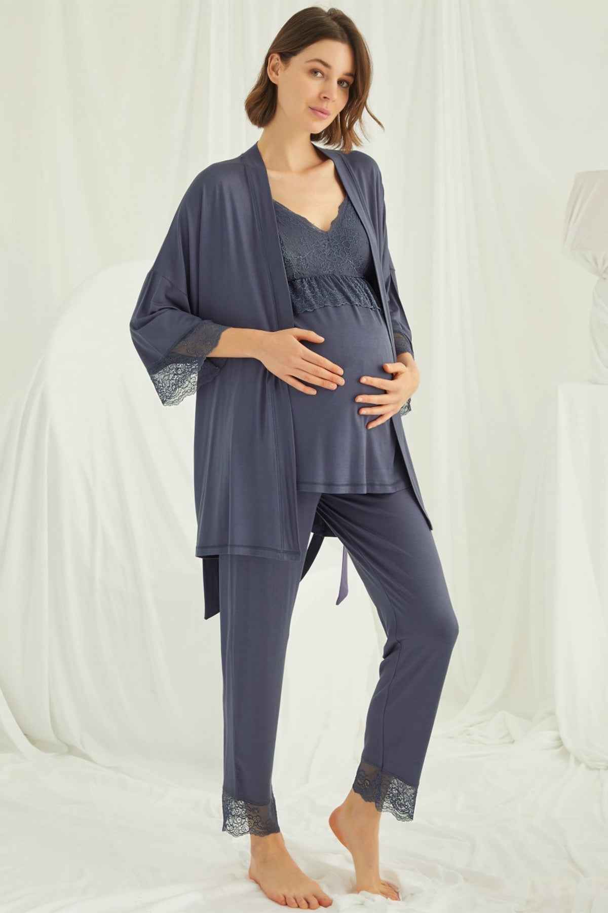 Lace Strappy 4-Piece Maternity-Nursing Set Navy Blue - 432453