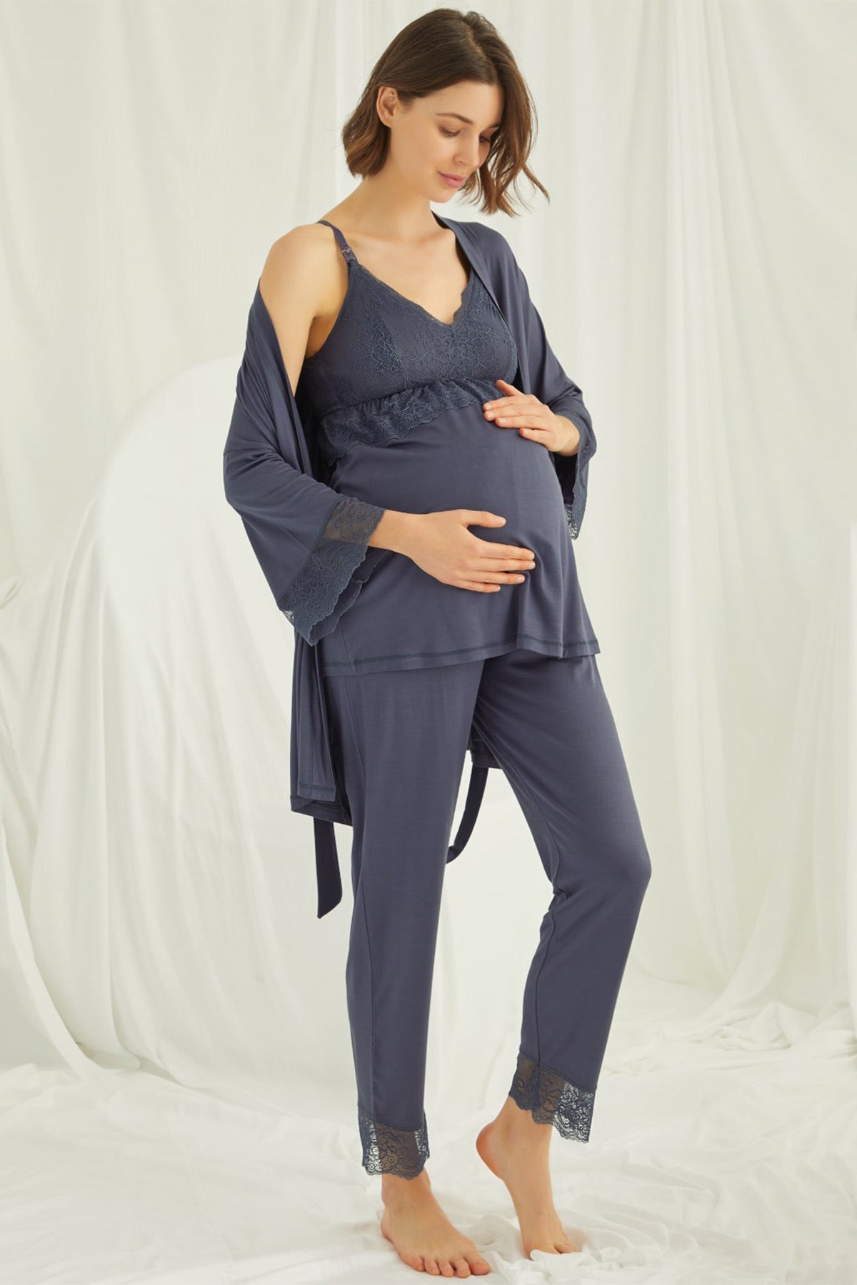 Lace Strappy 4-Piece Maternity-Nursing Set Navy Blue - 432453