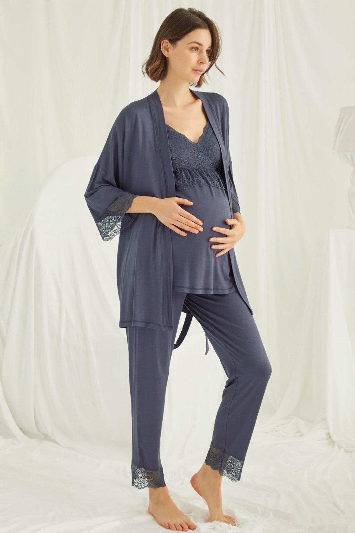 Lace Strappy 4-Piece Maternity-Nursing Set Navy Blue - 432453