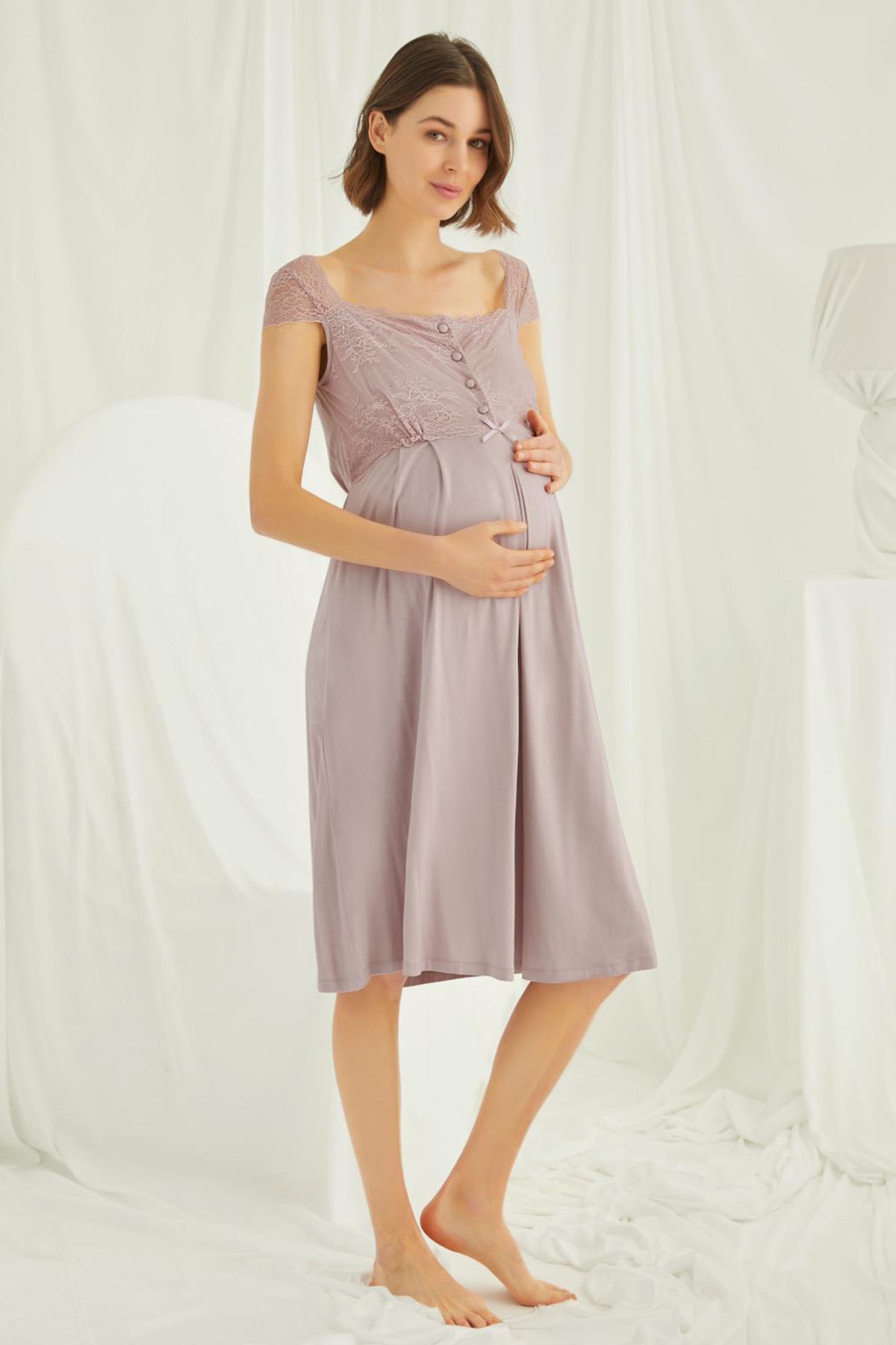 Lace Shoulder Maternity-Nursing Nightgown & Robe Set Mink - 18438