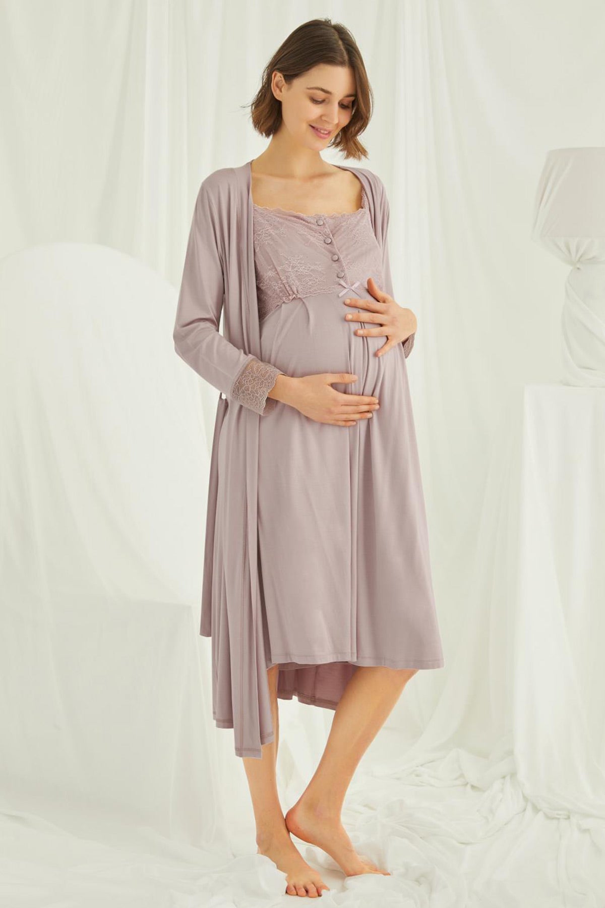Lace Shoulder Maternity-Nursing Nightgown & Robe Set Mink - 18438