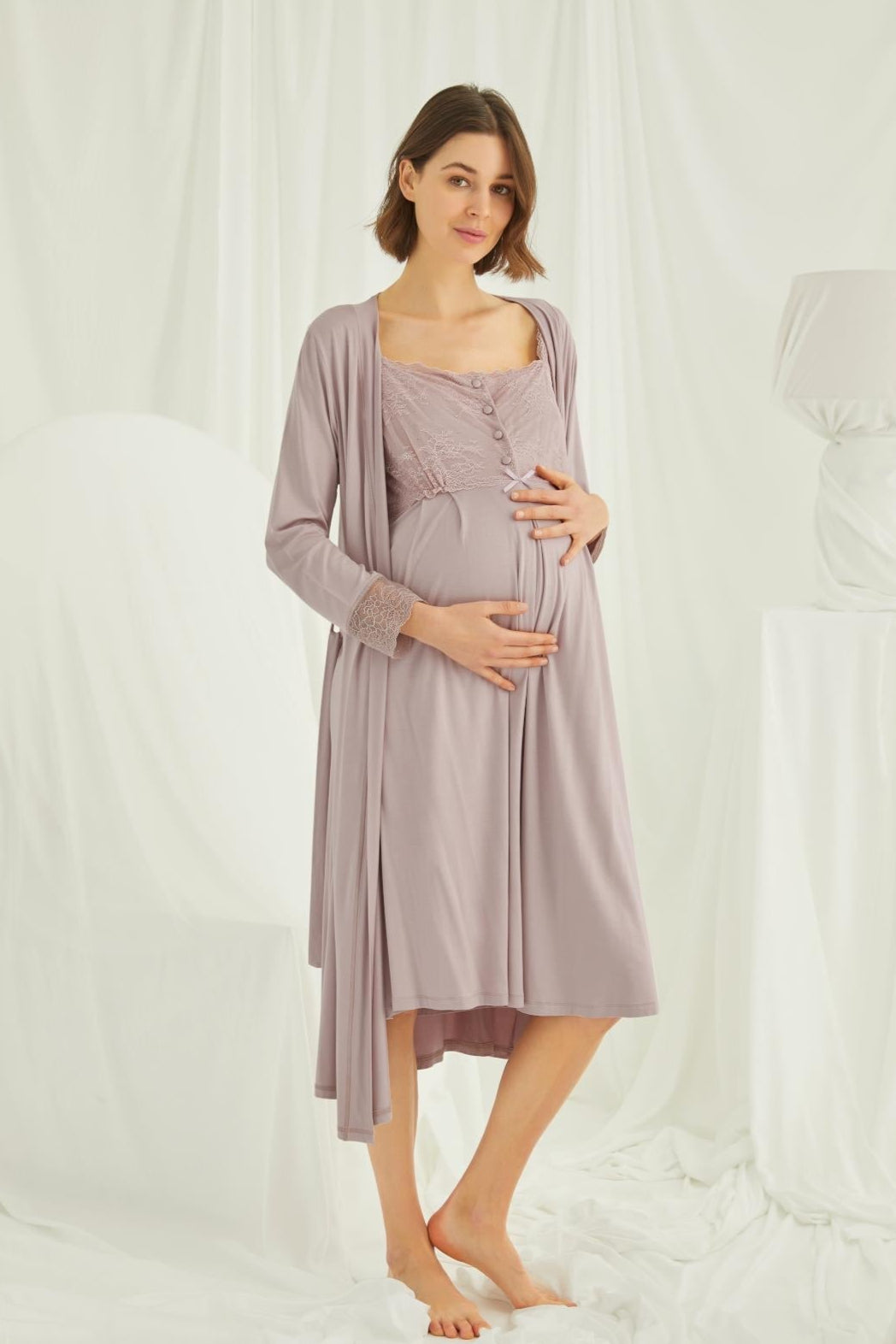 Lace Shoulder Maternity-Nursing Nightgown & Robe Set Mink - 18438