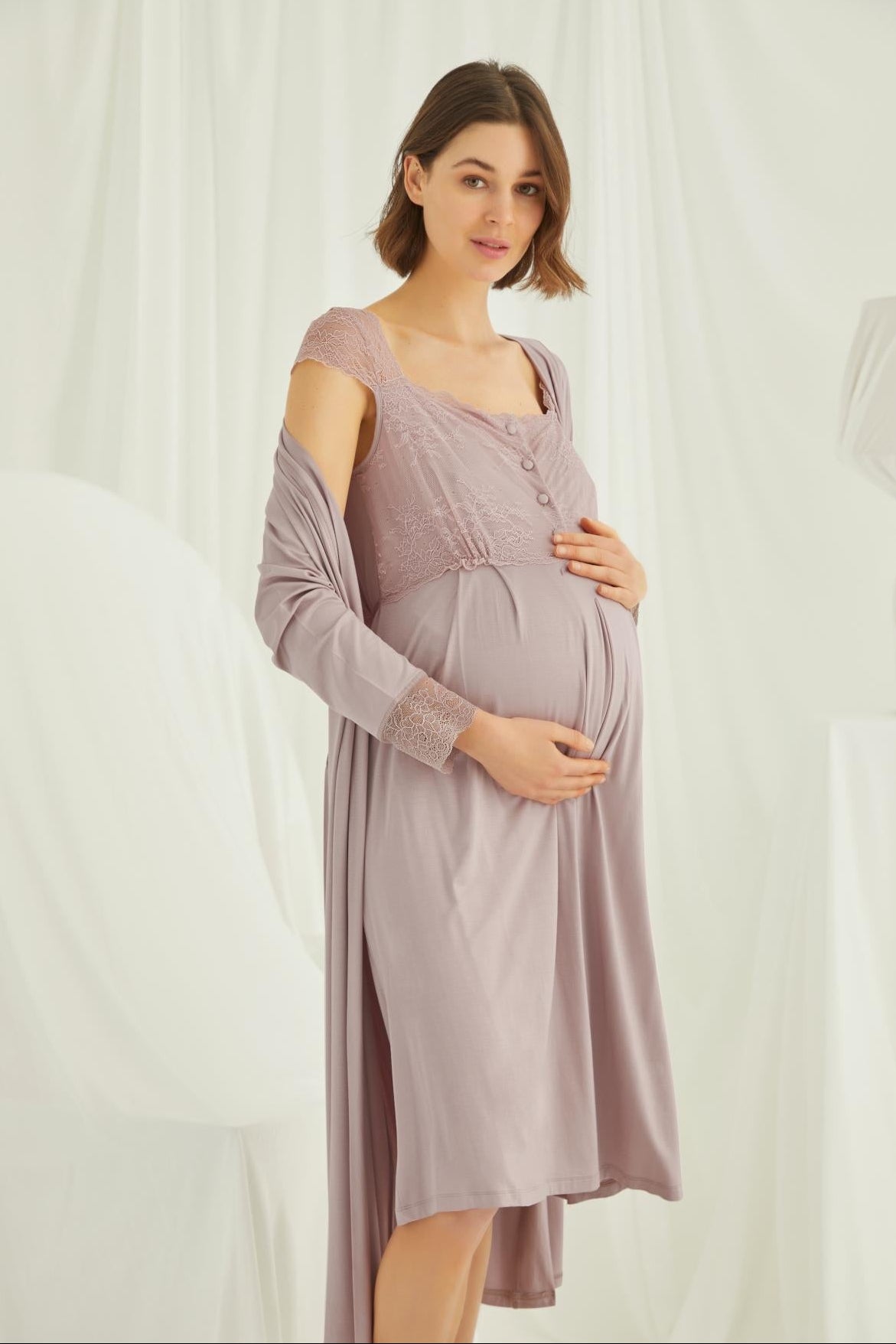 Lace Shoulder Maternity-Nursing Nightgown & Robe Set Mink - 18438