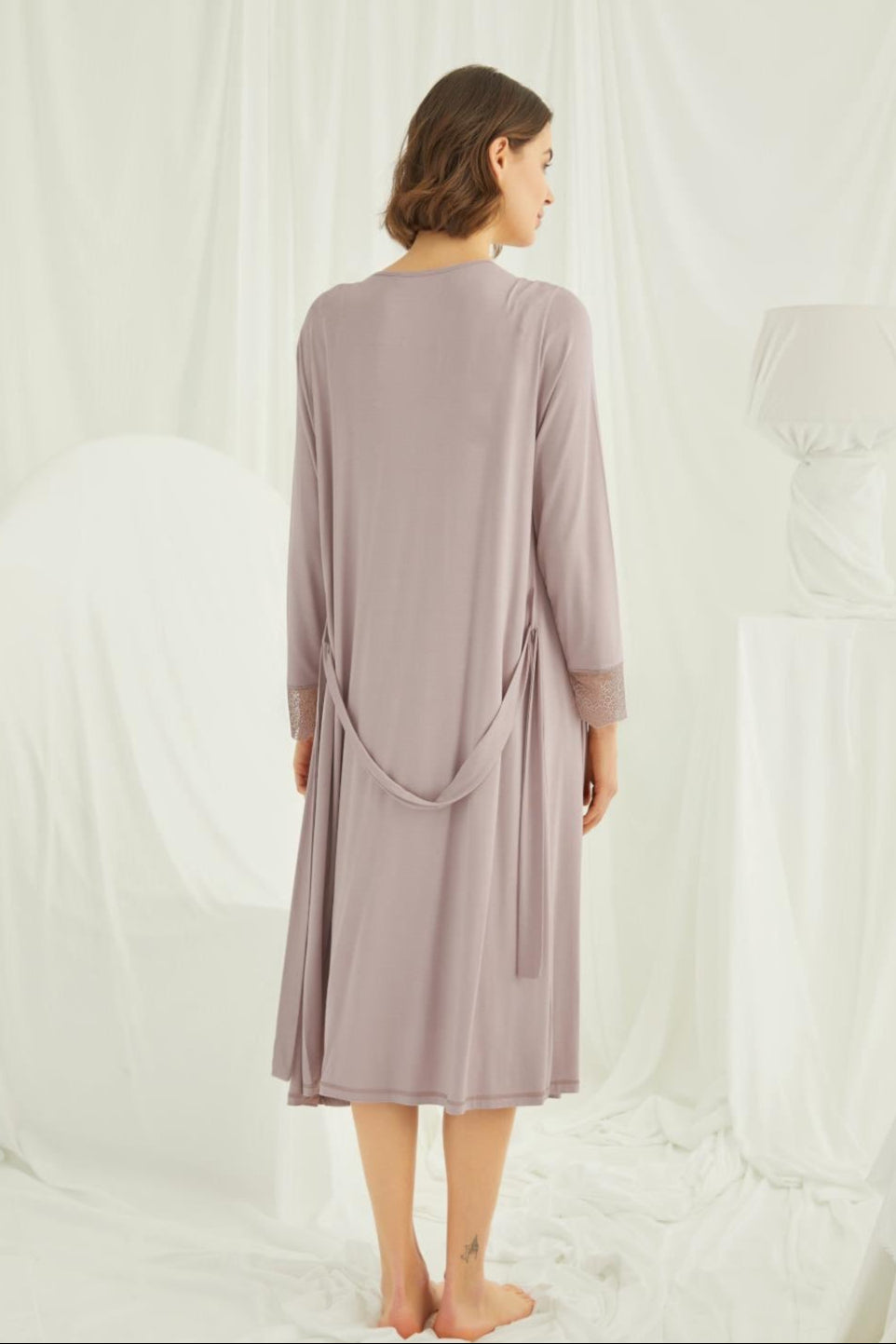 Lace Shoulder Maternity-Nursing Nightgown & Robe Set Mink - 18438