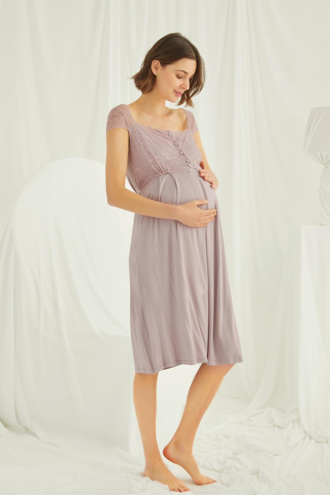 Lace Shoulder Maternity-Nursing Nightgown & Robe Set Mink - 18438