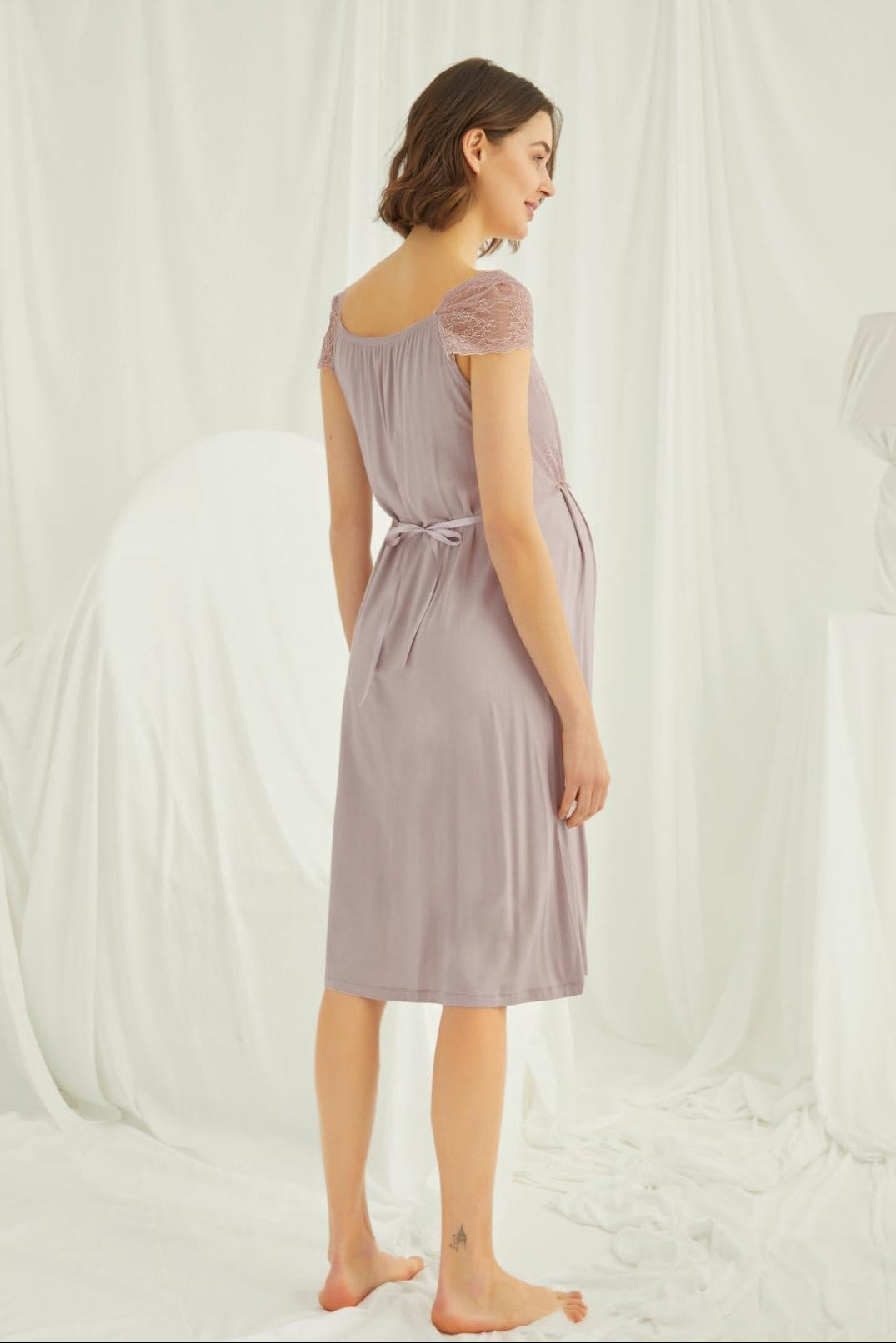 Lace Shoulder Maternity-Nursing Nightgown & Robe Set Mink - 18438