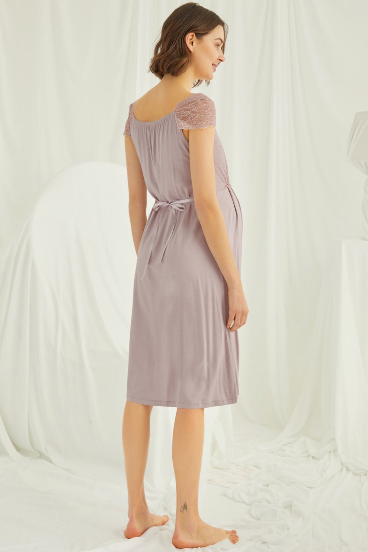 Lace Shoulder Maternity & Nursing Nightgown Mink - 18439